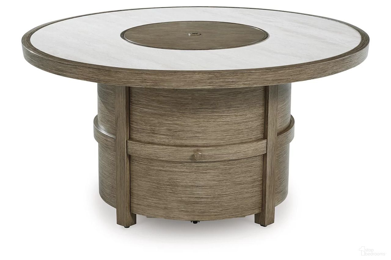 The appearance of Rainier Ranch Fire Pit Table In Beige designed by Signature Design by Ashley in the modern / contemporary interior design. This beige piece of furniture was selected by 1StopBedrooms from Rainier Ranch Collection to add a touch of cosiness and style into your home. Sku: P701-776. Table Top Shape: Round. Material: Marble.