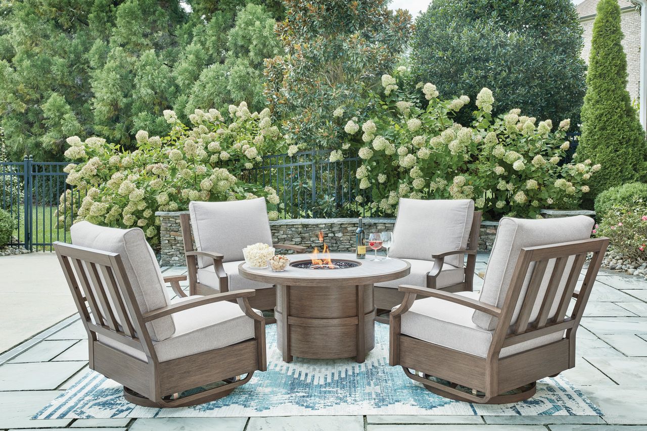 The appearance of Rainier Ranch Outdoor Fire Pit Table Set In Beige and Brown designed by Signature Design by Ashley in the modern / contemporary interior design. This brown and beige piece of furniture  was selected by 1StopBedrooms from Rainier Ranch Collection to add a touch of cosiness and style into your home. Sku: P701-776;P701-821. Table Top Shape: Round. Material: Fabric.