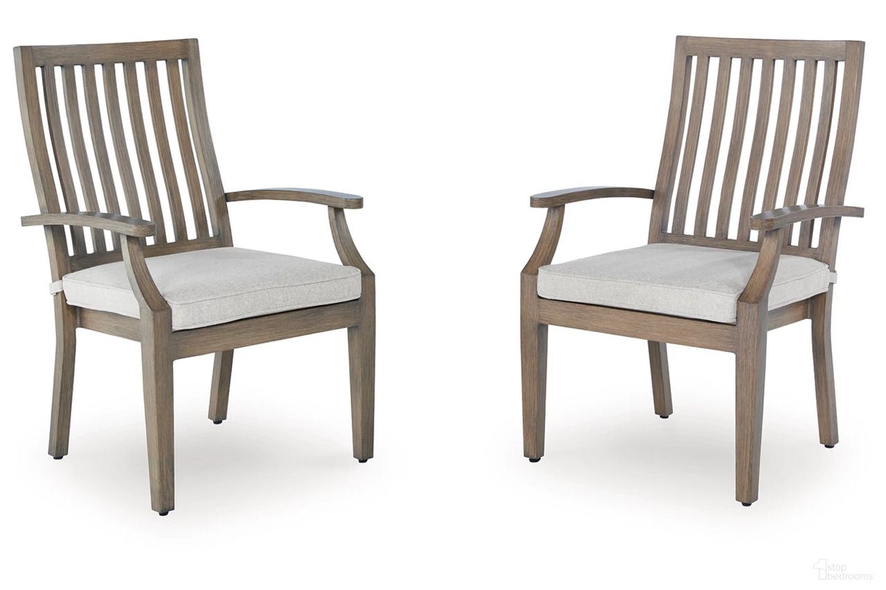 Rainier Ranch Outdoor Arm Chair with Cushion Set of 2 In Brown and Beige