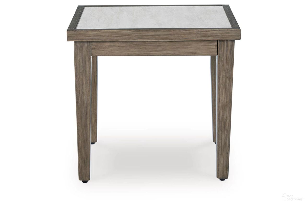 The appearance of Rainier Ranch Outdoor End Table In Brown and Beige designed by Signature Design by Ashley in the modern / contemporary interior design. This brown and beige piece of furniture was selected by 1StopBedrooms from Rainier Ranch Collection to add a touch of cosiness and style into your home. Sku: P701-702. Table Top Shape: Square. Material: Marble.