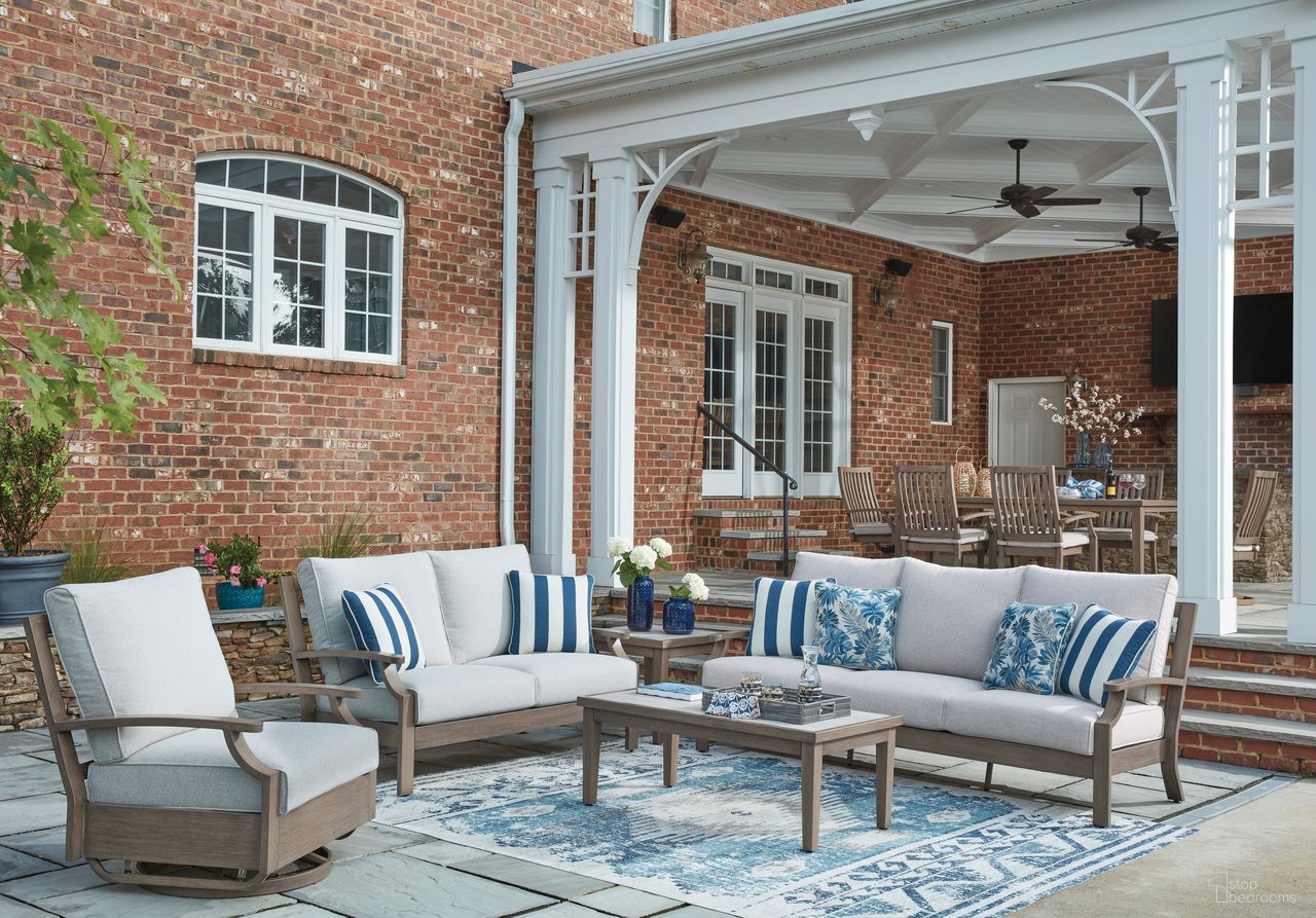 The appearance of Rainier Ranch Outdoor Living Room Set with Cushion In Brown and Beige designed by Signature Design by Ashley in the modern / contemporary interior design. This brown and beige piece of furniture was selected by 1StopBedrooms from Rainier Ranch Collection to add a touch of cosiness and style into your home. Sku: P701-838;P701-835. Material: Fabric.