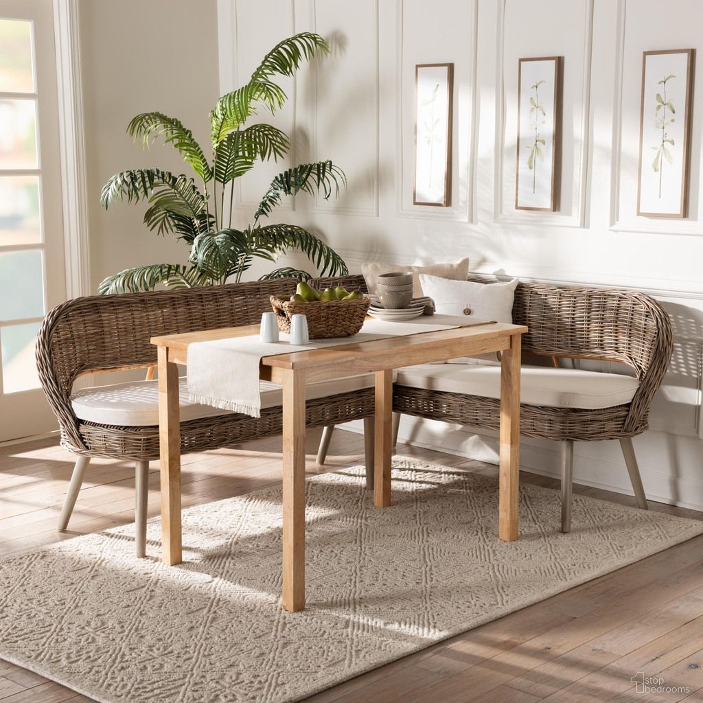 The appearance of Raisa Seagrass Bench and Wood Table 3 Piece Dining Nook Set In Greywashed designed by Baxton Studio in the bohemian interior design. This white/grey piece of furniture was selected by 1StopBedrooms from Raisa Collection to add a touch of cosiness and style into your home. Sku: Mona Kubu-Grey/Natural/Light Brown-3PC Dining Set. Material: Natural Rattan.