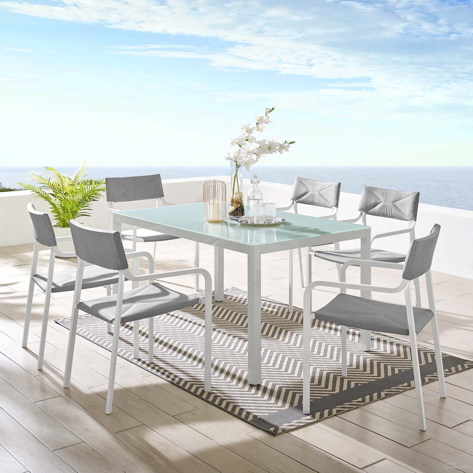 The appearance of Raleigh White and Gray 7 Piece Outdoor Patio Aluminum Dining Set designed by Modway in the modern / contemporary interior design. This white and gray piece of furniture was selected by 1StopBedrooms from Raleigh Collection to add a touch of cosiness and style into your home. Sku: EEI-3573-WHI-GRY;EEI-3573-WHI-GRY;EEI-3573-WHI-GRY;EEI-3573-WHI-GRY;EEI-3573-WHI-GRY;EEI-3573-WHI-GRY;EEI-3576-WHI. Table Base Style: Legs. Table Top Shape: Rectangular. Material: Aluminium.