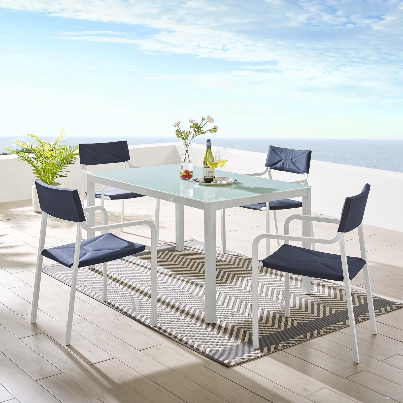 The appearance of Raleigh White Navy 5 Piece Outdoor Patio Aluminum Dining Set EEI-3796-WHI-NAV designed by Modway in the modern / contemporary interior design. This white navy piece of furniture  was selected by 1StopBedrooms from Raleigh Collection to add a touch of cosiness and style into your home. Sku: EEI-3573-WHI-NAV-N;EEI-3573-WHI-NAV-N;EEI-3573-WHI-NAV-N;EEI-3573-WHI-NAV-N;EEI-3576-WHI. Table Base Style: Legs. Table Top Shape: Rectangular. Material: Aluminium.