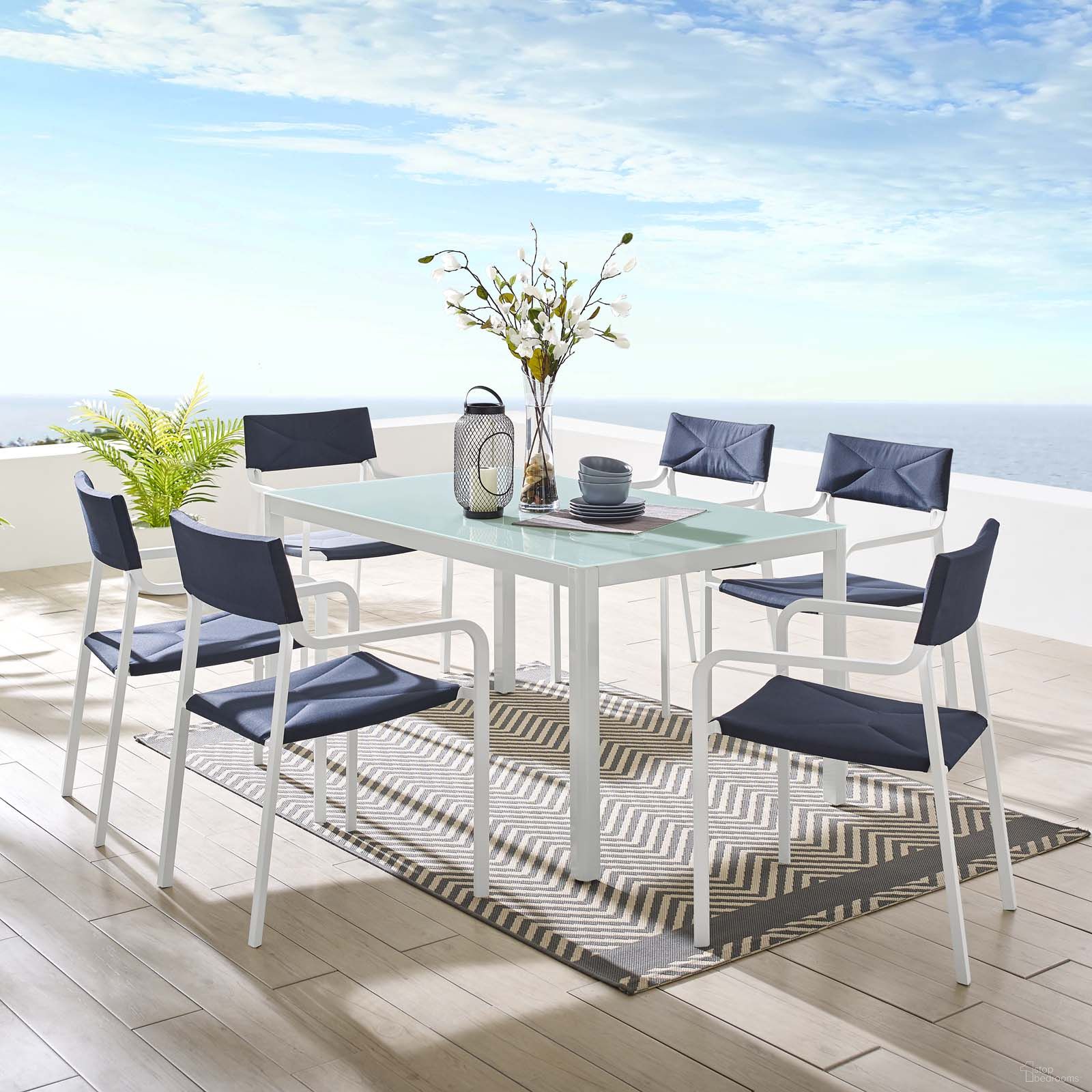 The appearance of Raleigh White Navy 7 Piece Outdoor Patio Aluminum Dining Set EEI-3797-WHI-NAV designed by Modway in the modern / contemporary interior design. This white navy piece of furniture was selected by 1StopBedrooms from Raleigh Collection to add a touch of cosiness and style into your home. Sku: EEI-3573-WHI-NAV-N;EEI-3573-WHI-NAV-N;EEI-3573-WHI-NAV-N;EEI-3573-WHI-NAV-N;EEI-3573-WHI-NAV-N;EEI-3573-WHI-NAV-N;EEI-3576-WHI. Table Base Style: Legs. Table Top Shape: Rectangular. Material: Aluminium.