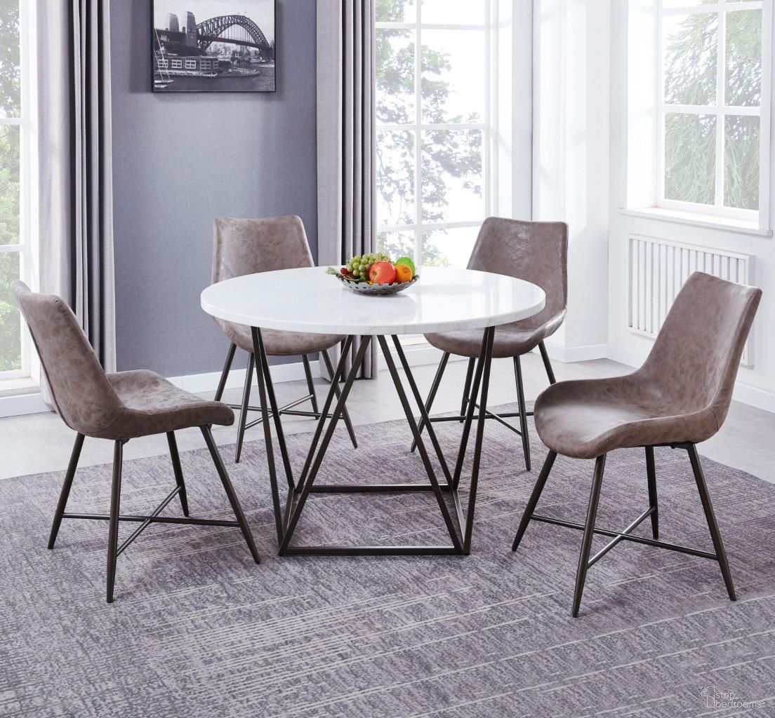 The appearance of Ramona White Marble And Bronze Metal White Marble Top Round Dining Room Set designed by Steve Silver in the transitional interior design. This gray and white piece of furniture  was selected by 1StopBedrooms from Ramona Collection to add a touch of cosiness and style into your home. Sku: RM440WT;RM440SB. Table Base Style: Trestle. Table Top Shape: Round. Material: Marble. Size: 44".