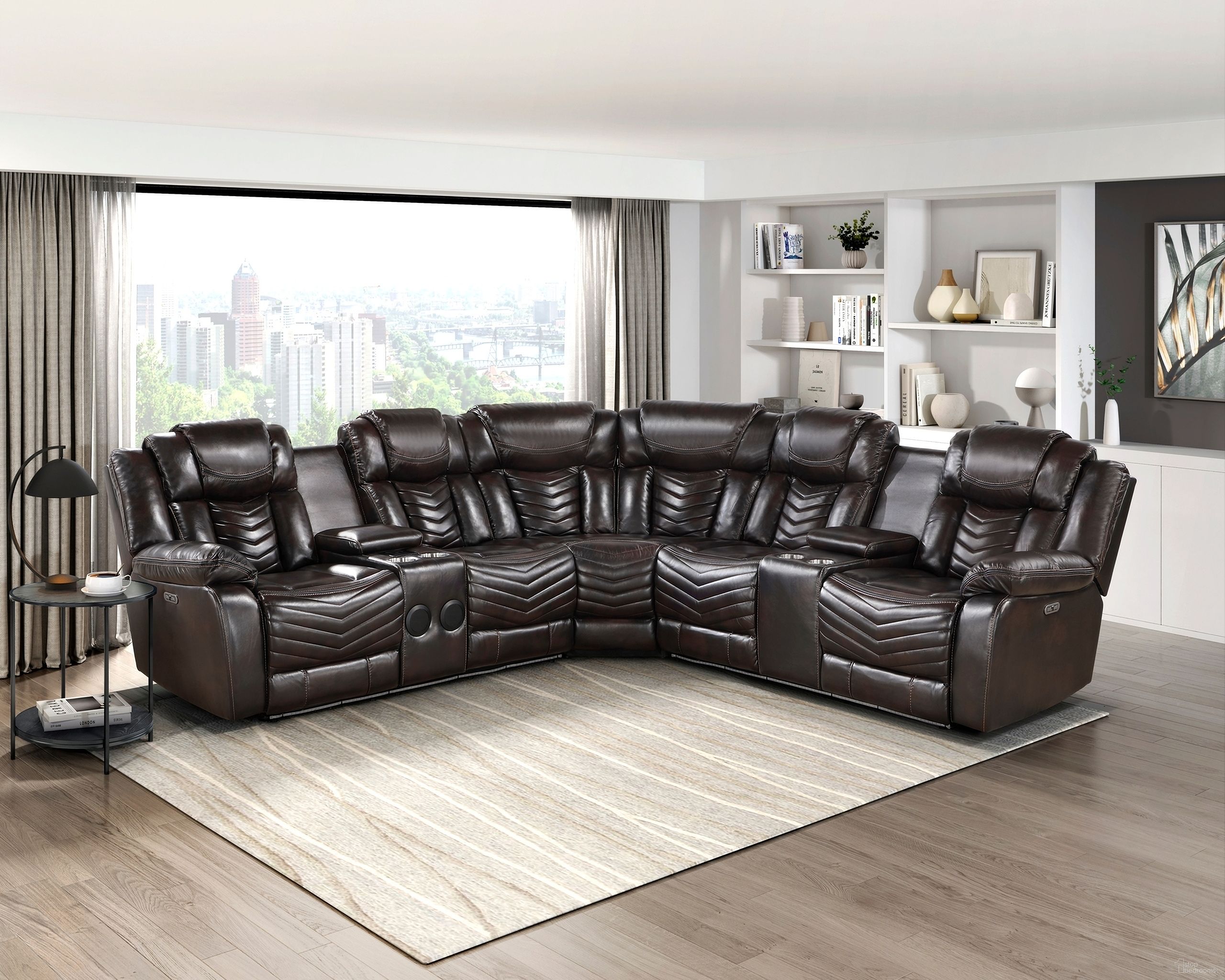 The appearance of Ramone 3-Piece Power Reclining Sectional with Consoles, Speakers and LED Lighting In Brown designed by Homelegance in the modern / contemporary interior design. This brown piece of furniture was selected by 1StopBedrooms from Ramone Collection to add a touch of cosiness and style into your home. Sku: 9508DB-2LCNSPW;9508DB-CR;9508DB-2RCNPW. Material: Leather. Layout: L-Shape.