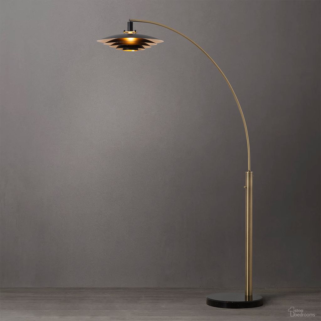 The appearance of Rancho Mirage 86 Inch Gold Leaf Shade 1 Light Arc Floor Lamp In Weathered Brass and Matte Black designed by Nova Of California in the transitional interior design. This matte black/weathered brass piece of furniture  was selected by 1StopBedrooms from Rancho Mirage Collection to add a touch of cosiness and style into your home. Sku: 2110824WB. Material: Steel.