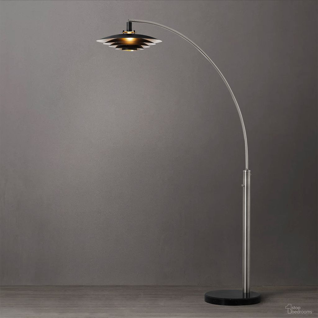 Rancho Mirage 86 Inch Silver-Leaf Shade 1 Light Arc Floor Lamp In Antique Nickel and Matte Black