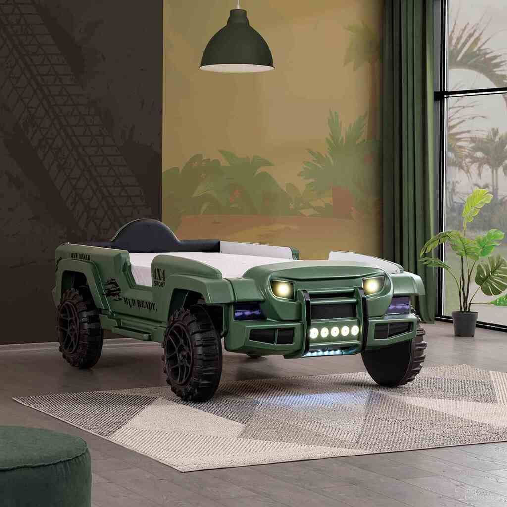 The appearance of Randlar Off-Road SUV Twin Bed In Green designed by Furniture of America in the transitional interior design. This green piece of furniture was selected by 1StopBedrooms from Randlar Collection to add a touch of cosiness and style into your home. Sku: FOA7724GR-1;FOA7724GR-2;FOA7724GR-3;FOA7724GR-4. Bed Type: Platform Bed. Material: Leather. Bed Size: Twin.
