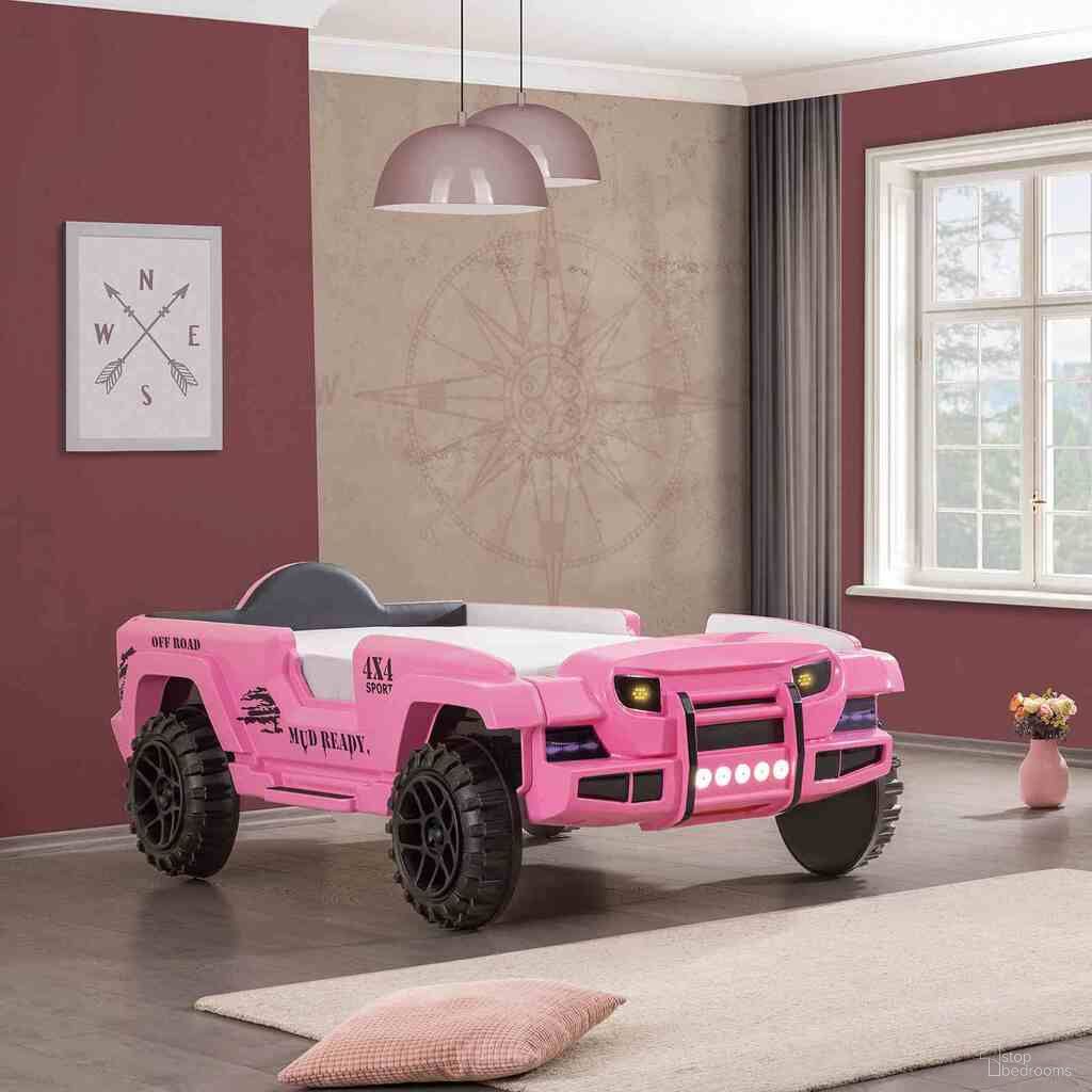 The appearance of Randlar Off-Road SUV Twin Bed In Pink designed by Furniture of America in the transitional interior design. This pink piece of furniture was selected by 1StopBedrooms from Randlar Collection to add a touch of cosiness and style into your home. Sku: FOA7724PK-1;FOA7724PK-2;FOA7724PK-3;FOA7724PK-4. Bed Type: Platform Bed. Material: Leather. Bed Size: Twin.
