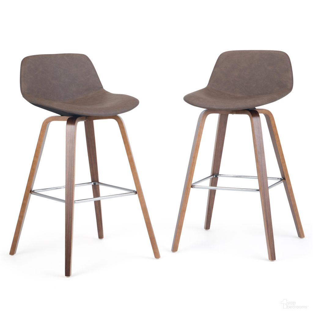 The appearance of Randolph Vegan Faux Leather Bentwood Counter/Bar Height Stool Set of 2 In Distressed Chocolate Brown designed by Simpli Home in the transitional interior design. This distressed chocolate brown piece of furniture was selected by 1StopBedrooms from Randolph Collection to add a touch of cosiness and style into your home. Sku: AXCRAN26N-DBR. Material: Faux Leather.