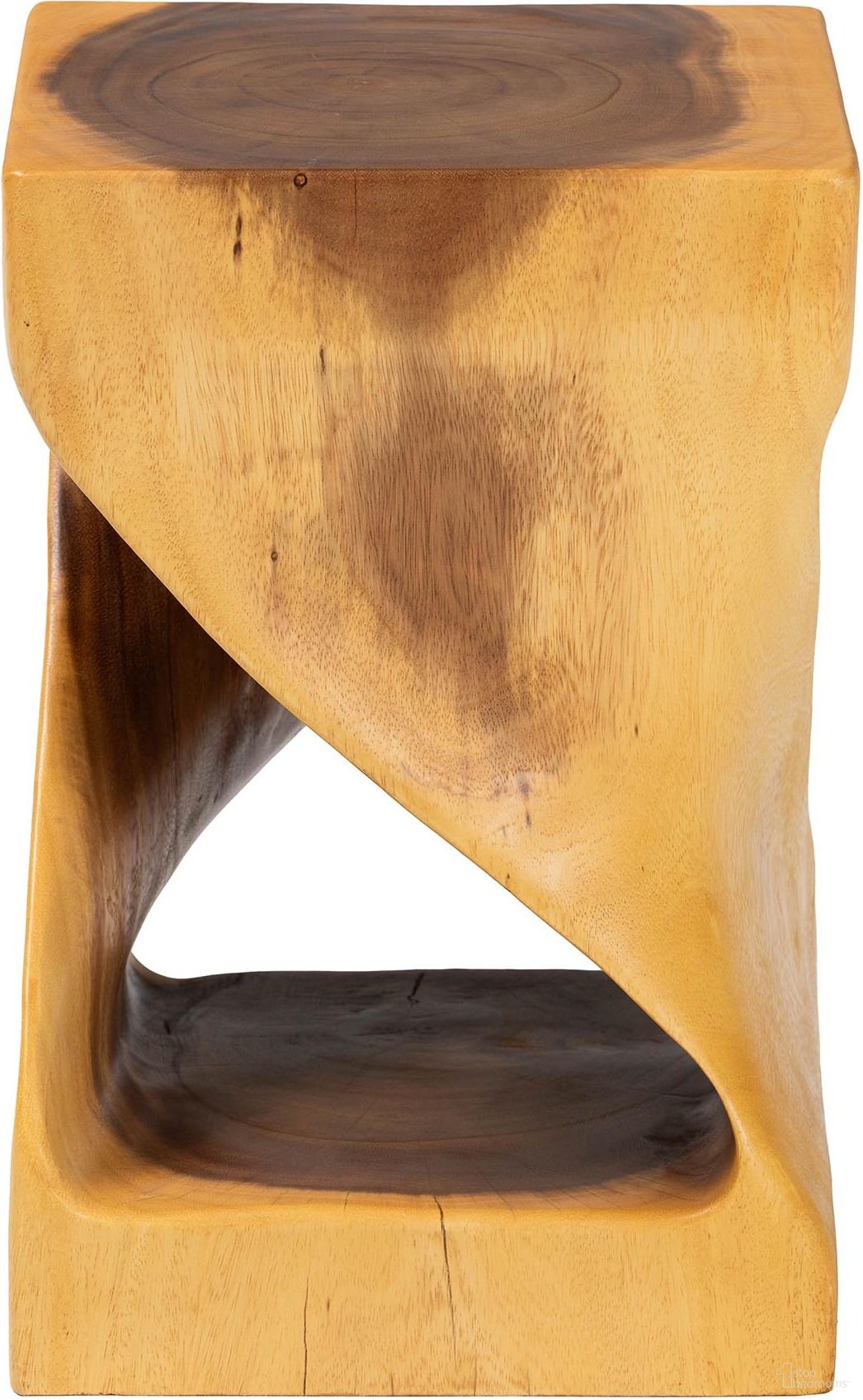 Rapha Hand-Carved Suar Wood Side Table with Shelf In Natural Brown