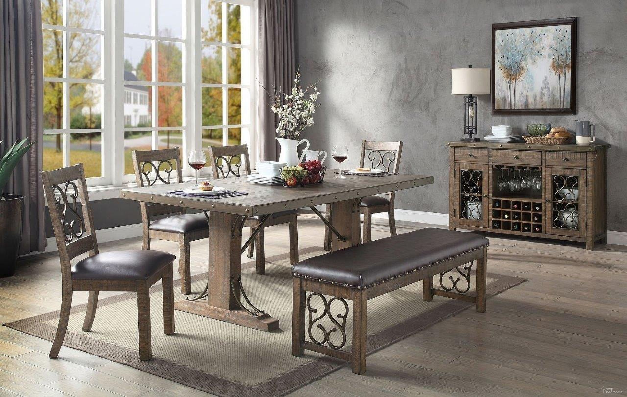 The appearance of Raphaela Rectangular Dining Room Set designed by ACME in the transitional interior design. This weathered cherry piece of furniture  was selected by 1StopBedrooms from Raphaela Collection to add a touch of cosiness and style into your home. Sku: DN00980;DN00981. Table Base Style: Trestle. Material: Wood. Table Top Shape: Rectangular. Size: 42" x 78".