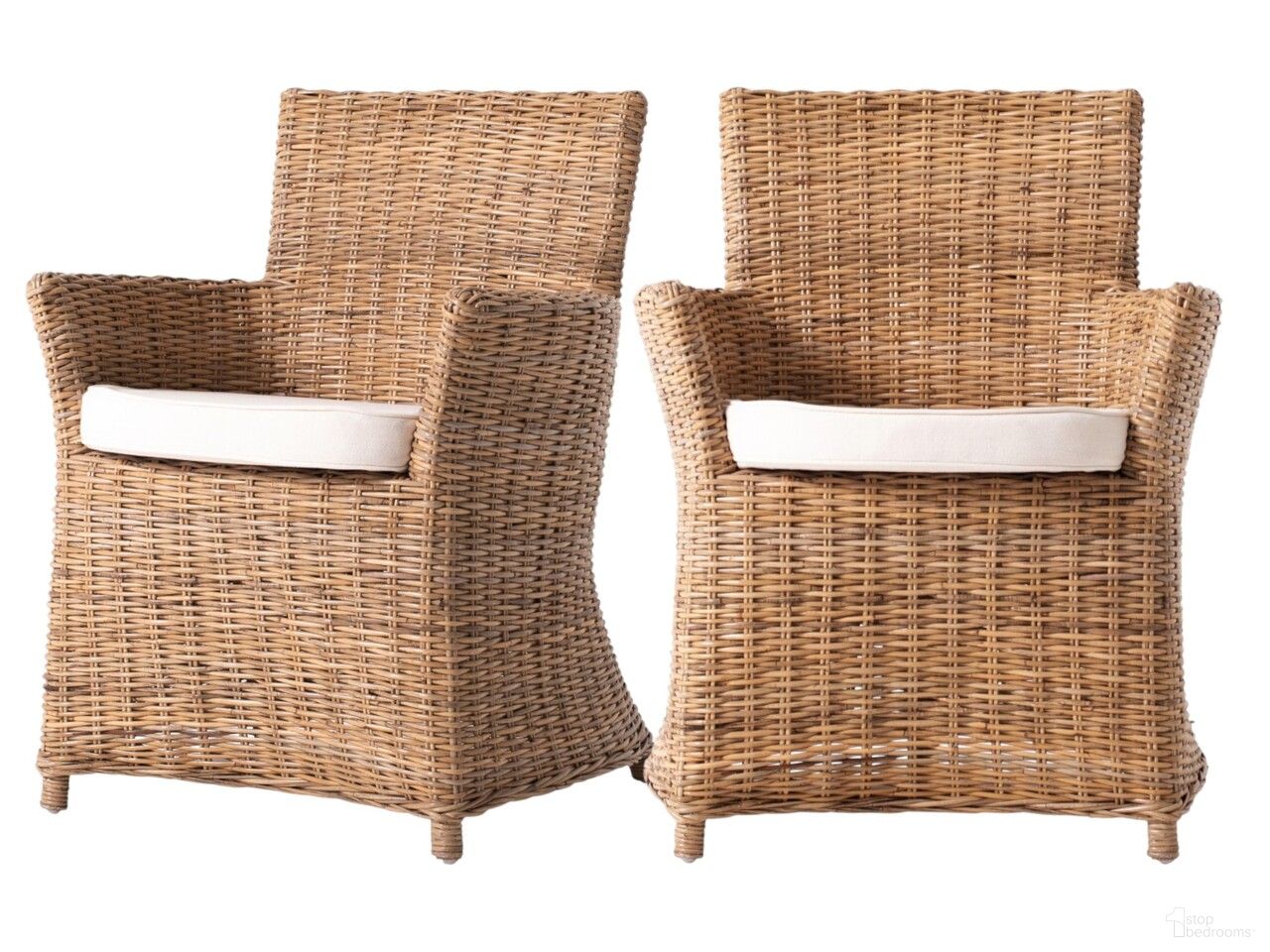 The appearance of Rattan Dining Arm Chairs Set of 2 In Natural and Cream designed by Homeroots in the transitional interior design. This natural and cream piece of furniture  was selected by 1StopBedrooms from  to add a touch of cosiness and style into your home. Sku: 397820. Material: Wicker. Chair Type: Arm Chair.