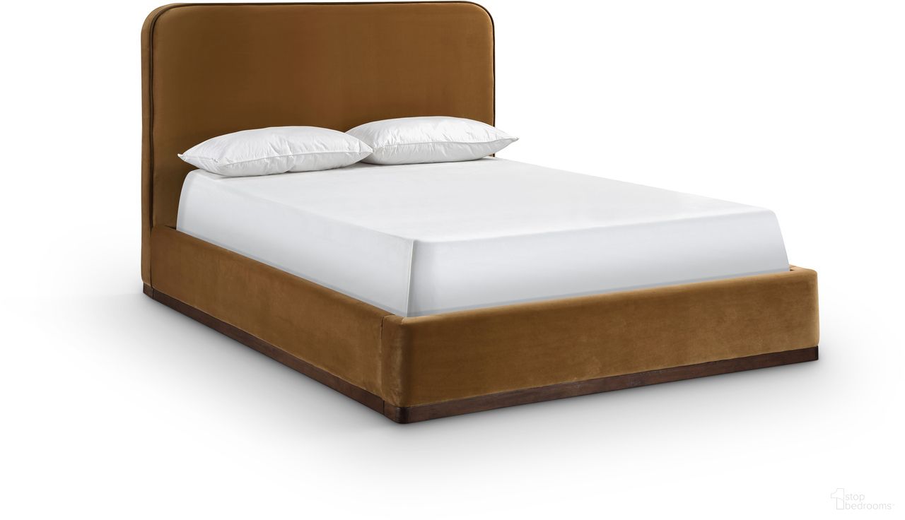 The appearance of Rava Velvet Upholstered King Bed In Saddle and Brown designed by Meridian in the modern / contemporary interior design. This saddle and brown piece of furniture  was selected by 1StopBedrooms from Rava Collection to add a touch of cosiness and style into your home. Sku: RavaSaddle-K Box 1/2 (Headboard);RavaSaddle-K Box 2/2 (Footboard / Rails / Center Support / Slats / Legs / Hardware). Bed Size: King. Material: Velvet. Bed Type: Upholstered Bed.