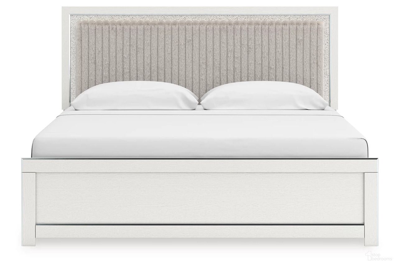 The appearance of Ravalori King Upholstered Panel Bed In White designed by Signature Design by Ashley in the modern / contemporary interior design. This white piece of furniture  was selected by 1StopBedrooms from Ravalori Collection to add a touch of cosiness and style into your home. Sku: B100-14;NCB3381-56;NCB3381-58;NCB3381-95. Bed Type: Panel Bed. Bed Size: King.