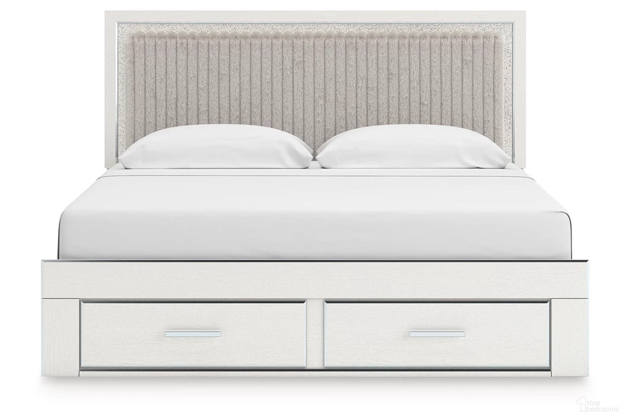 The appearance of Ravalori King Upholstered Panel Storage Bed In White designed by Signature Design by Ashley in the modern / contemporary interior design. This white piece of furniture was selected by 1StopBedrooms from Ravalori Collection to add a touch of cosiness and style into your home. Sku: B100-14;NCB3381-56S;NCB3381-58;NCB3381-95. Bed Type: Storage Bed. Bed Size: King.