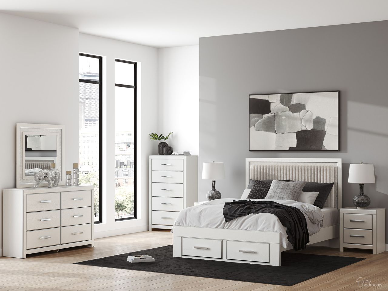 The appearance of Ravalori Upholstered Panel Storage Bedroom Set In White and Brown designed by Signature Design by Ashley in the modern / contemporary interior design. This white/brown piece of furniture was selected by 1StopBedrooms from Ravalori Collection to add a touch of cosiness and style into your home. Sku: B100-13;NCB3381-54S;NCB3381-57;NCB3381-95;NCB3381-92. Material: Fabric. Bed Size: Queen.