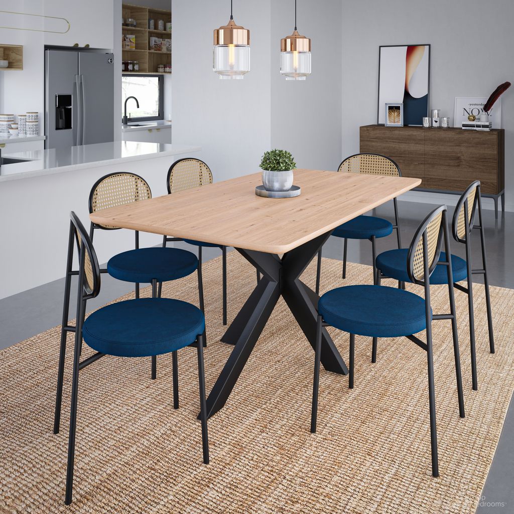 The appearance of Ravenna 69 Inch Rectangular Wood Dining Table with 6 Euston Wicker Dining Chairs In Maple and Navy Blue designed by LeisureMod in the modern / contemporary interior design. This navy blue piece of furniture was selected by 1StopBedrooms from Ravenna Collection to add a touch of cosiness and style into your home. Sku: RTX63M-EC17NBU6. Material: MDF.