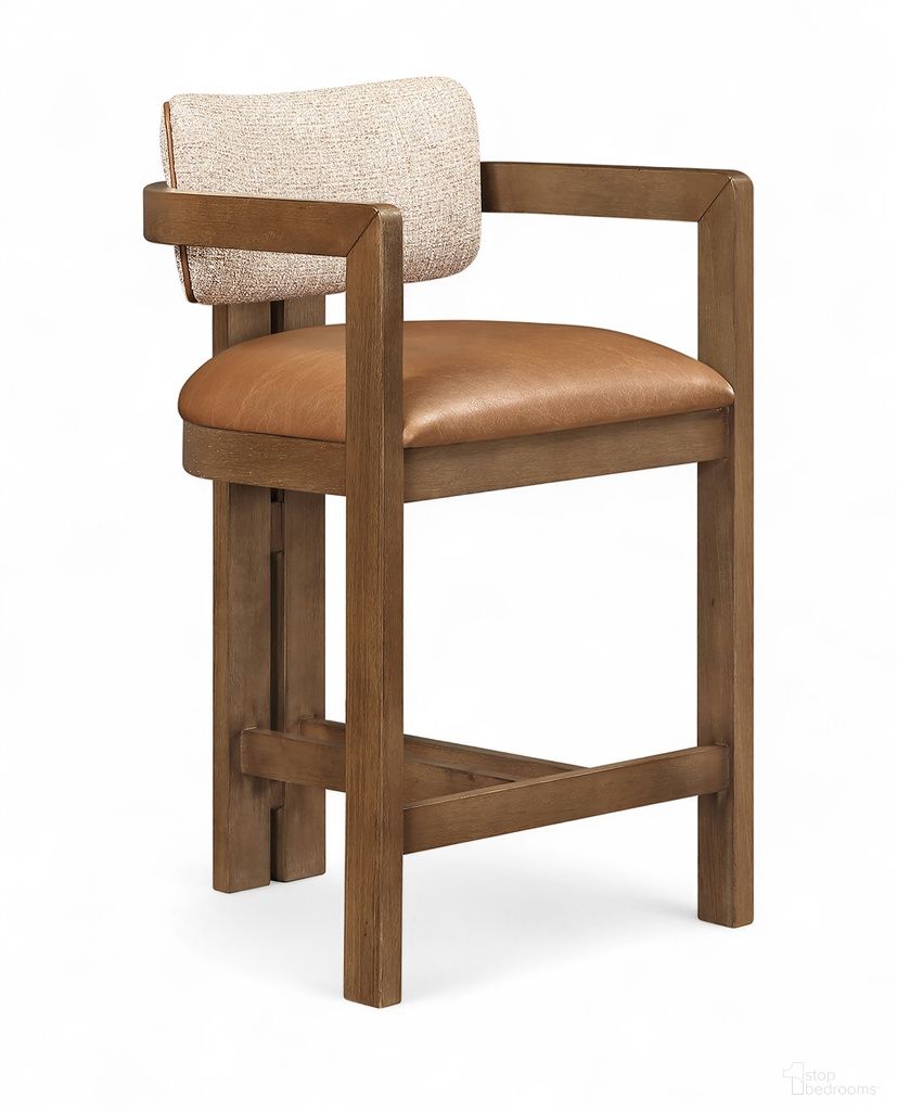 The appearance of Ravina Vegan Leather and Linen Textured Fabric Upholstered Counter Stool In Cognac designed by Meridian in the modern / contemporary interior design. This cognac piece of furniture was selected by 1StopBedrooms from Ravina Collection to add a touch of cosiness and style into your home. Sku: 88081Cognac-C. Material: Foam.