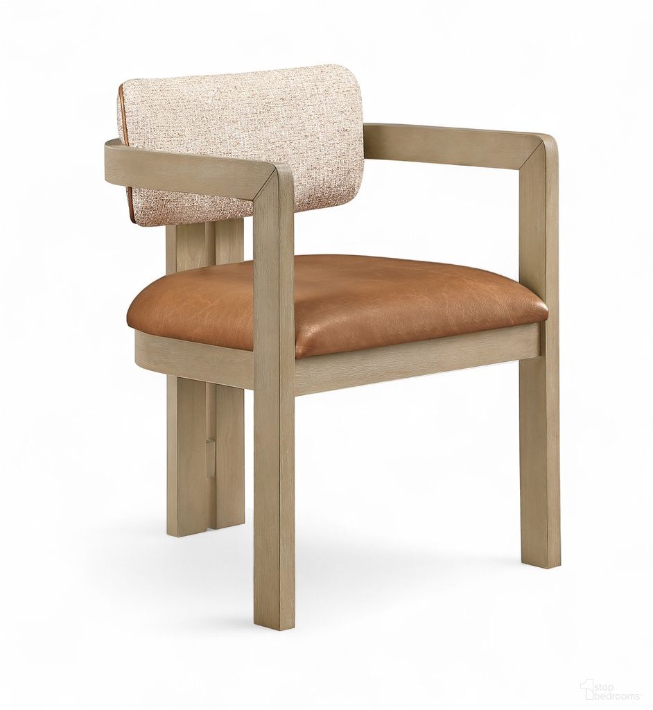 The appearance of Ravina Vegan Leather and Linen Textured Fabric Upholstered Dining Chair Set of 2 In Cognac designed by Meridian in the modern / contemporary interior design. This cognac piece of furniture was selected by 1StopBedrooms from Ravina Collection to add a touch of cosiness and style into your home. Sku: 88078Cognac-C. Material: Foam. Chair Type: Arm Chair.