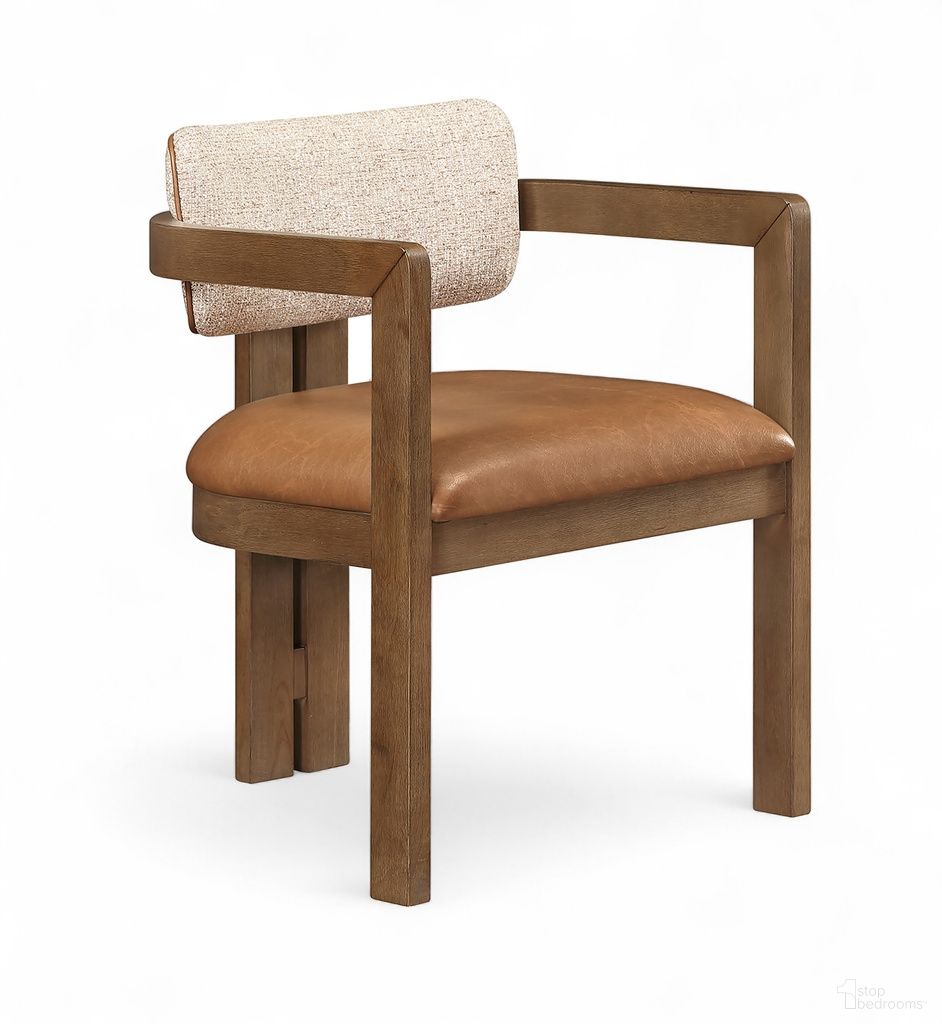 The appearance of Ravina Vegan Leather and Linen Textured Fabric Upholstered Dining Chair Set of 2 In Cognac designed by Meridian in the modern / contemporary interior design. This cognac piece of furniture  was selected by 1StopBedrooms from Ravina Collection to add a touch of cosiness and style into your home. Sku: 88079Cognac-C. Material: Foam. Chair Type: Arm Chair.