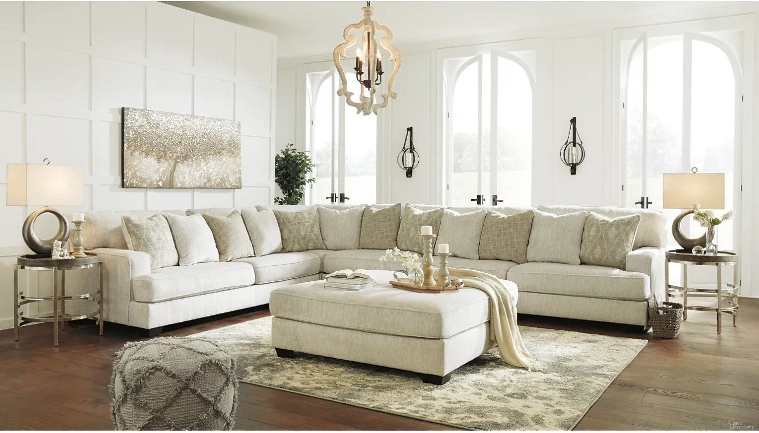 The appearance of Rawcliffe 4-Piece Sectional with Ottoman In Parchment designed by Signature Design by Ashley in the transitional interior design. This parchment piece of furniture  was selected by 1StopBedrooms from Rawcliffe Collection to add a touch of cosiness and style into your home. Sku: 1960466;1960408;1960446;1960477;1960467. Material: Chenille. Layout: L-Shape.