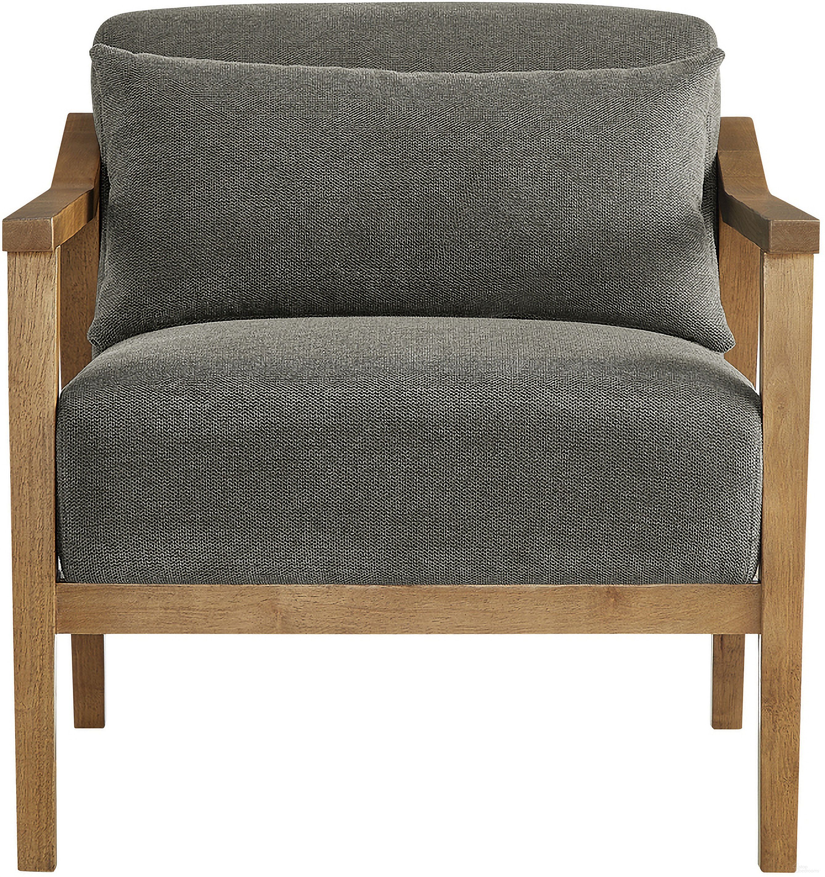 The appearance of Rayn Wood Arm Accent Chair with Lumbar Pillow In Charcoal designed by Comfort Pointe in the transitional interior design. This charcoal piece of furniture  was selected by 1StopBedrooms from Rayn Collection to add a touch of cosiness and style into your home. Sku: 8316-26. Material: Polyester.