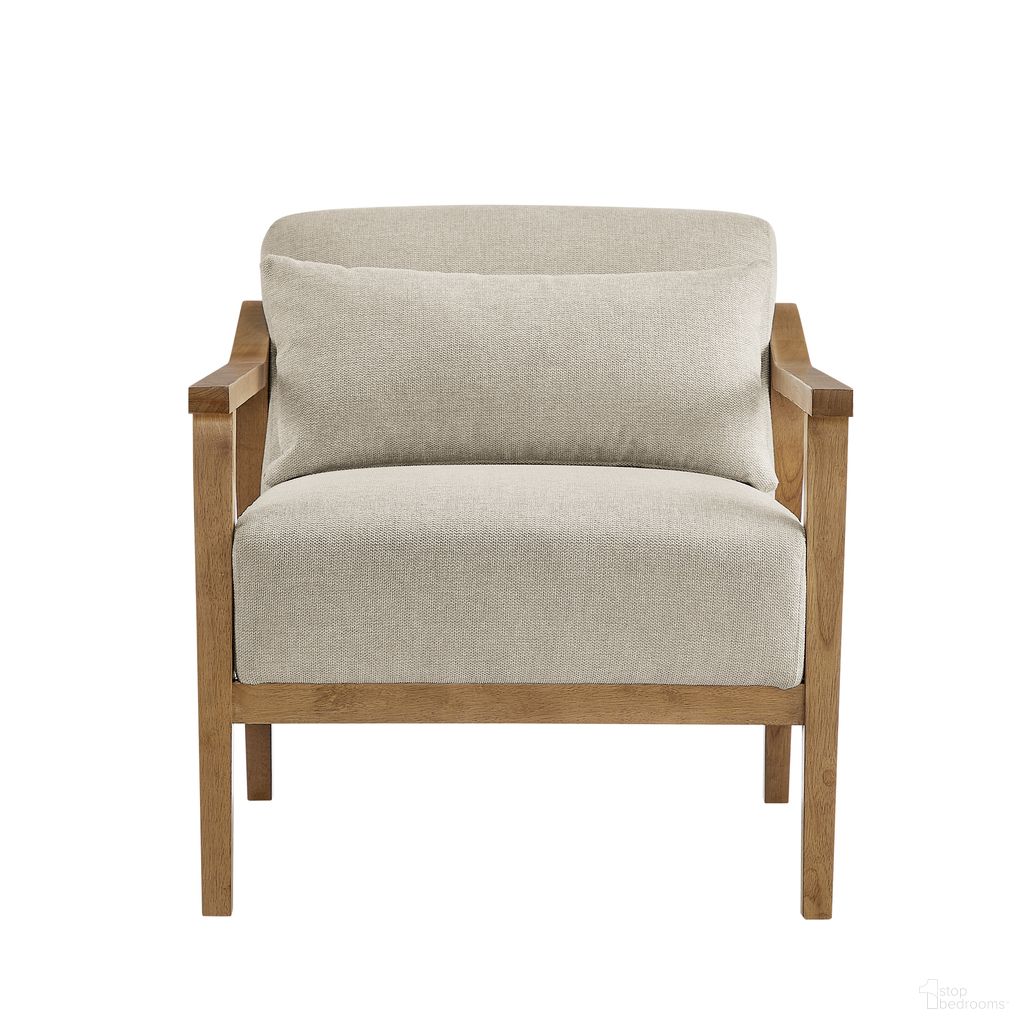 The appearance of Rayn Wood Arm Accent Chair with Lumbar Pillow In Sea Oat designed by Comfort Pointe in the modern / contemporary interior design. This sea oat piece of furniture  was selected by 1StopBedrooms from Rayn Collection to add a touch of cosiness and style into your home. Sku: 8316-07. Material: Polyester.