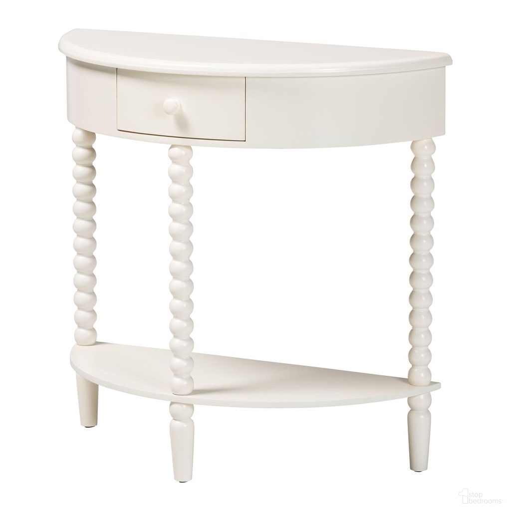 The appearance of Raynera Demilune Console Table In White designed by Baxton Studio in the transitional interior design. This white piece of furniture  was selected by 1StopBedrooms from Raynera Collection to add a touch of cosiness and style into your home. Sku: JY25A031-White Wooden-Console Table. Material: MDF.