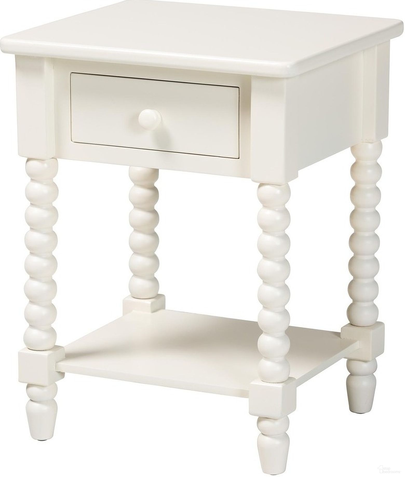 The appearance of Raynera End Table with Drawer In White designed by Baxton Studio in the transitional interior design. This white piece of furniture  was selected by 1StopBedrooms from Raynera Collection to add a touch of cosiness and style into your home. Sku: JY25A033-White Wooden-ET. Material: MDF.