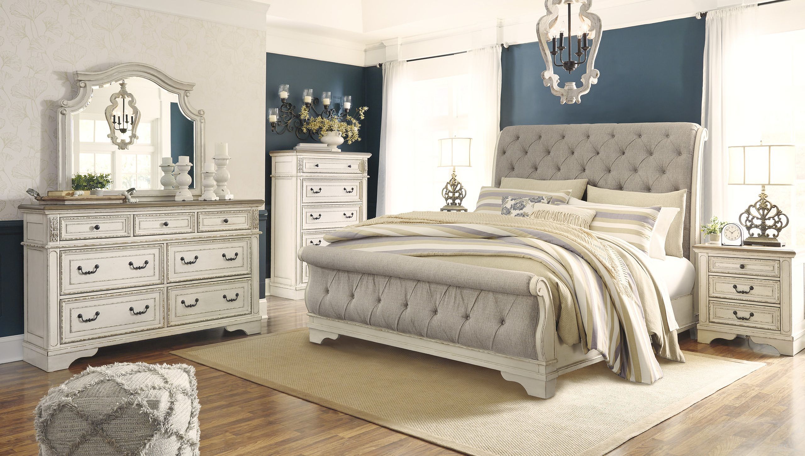 The appearance of Realyn Bedroom Set In Chipped White designed by Signature Design by Ashley in the transitional interior design. This two-tone piece of furniture was selected by 1StopBedrooms from Realyn Collection to add a touch of cosiness and style into your home. Sku: B743-74;B743-77;B743-98;B743-93. Bed Type: Sleigh Bed. Material: Fabric. Bed Size: Queen.