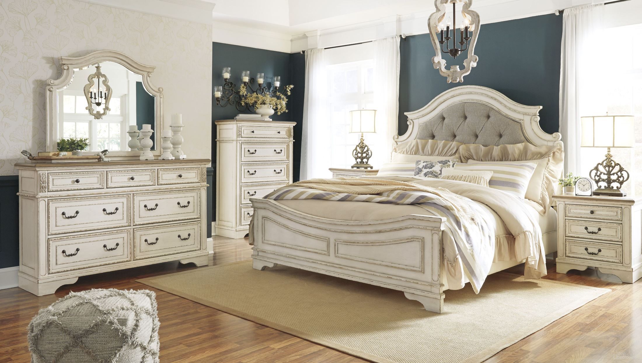 The appearance of Realyn Two Tone Upholstered Panel Bedroom Set designed by Signature Design by Ashley in the transitional interior design. This chipped white piece of furniture  was selected by 1StopBedrooms from Realyn Collection to add a touch of cosiness and style into your home. Sku: B743-57;B743-54;B743-96;B743-91. Bed Type: Panel Bed. Material: Fabric. Bed Size: Queen.