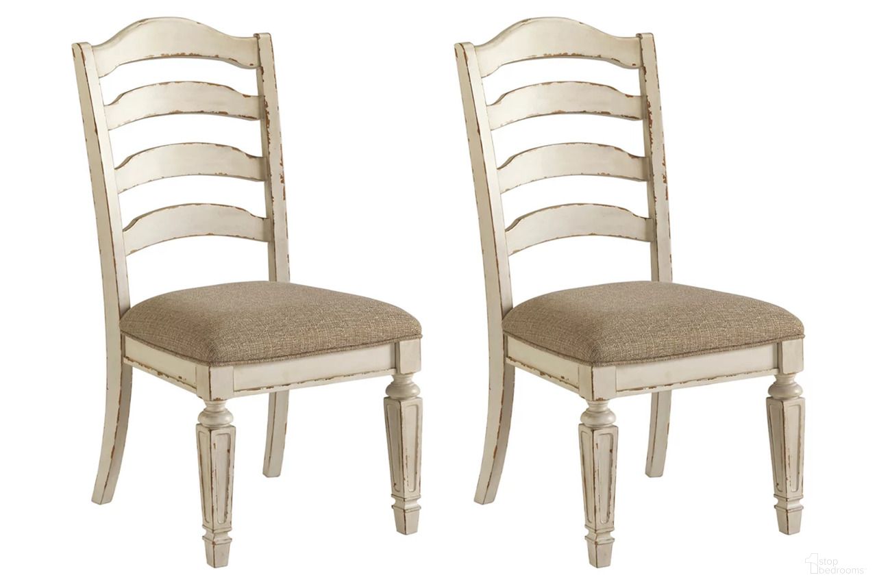 The appearance of Realyn White Dining Upholstered Slatback Side Chair Set of 2 designed by Signature Design by Ashley in the transitional interior design. This chipped white piece of furniture was selected by 1StopBedrooms from Realyn Collection to add a touch of cosiness and style into your home. Sku: D743-01. Material: Fabric. Chair Type: Side Chair.
