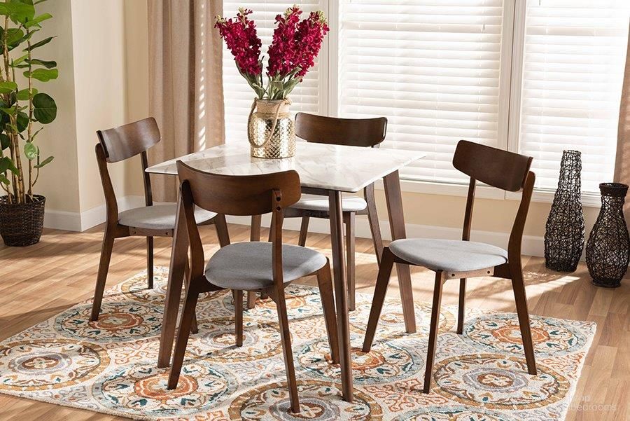 Reba Mid-Century Modern Light Grey Fabric Upholstered and Walnut Brown Finished Wood 5-Piece Dining Set with Faux Marble Dining Table