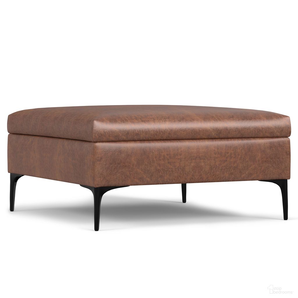 The appearance of Rebecca Vegan Faux Leather Coffee Table Storage Ottoman with Lift Up Lid In Distressed Saddle Brown designed by Simpli Home in the modern / contemporary interior design. This distressed saddle brown piece of furniture  was selected by 1StopBedrooms from Rebecca Collection to add a touch of cosiness and style into your home. Sku: AXCOTREB-DSB. Material: Faux Leather.