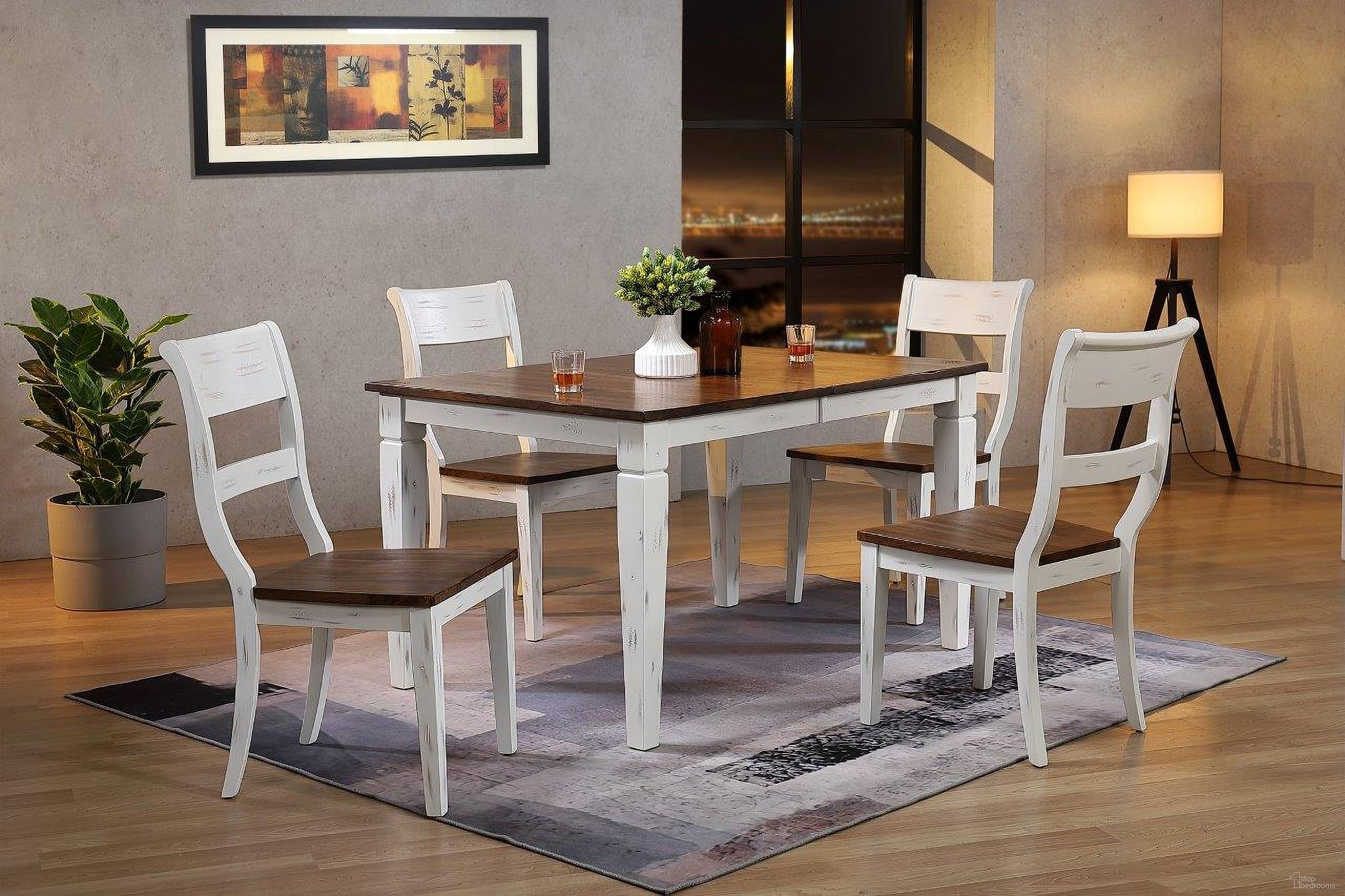 The appearance of Rectangle Loft 5-Piece Dining Set In Distressed Cocoa Brown and Cotton White designed by Iconic Furniture in the transitional interior design. This distressed cocoa brown and cotton white piece of furniture  was selected by 1StopBedrooms from Loft & Parsons Collection to add a touch of cosiness and style into your home. Sku: RT67TF-LGLT-CH61-DBN-DWT-5PC. Table Base Style: Legs. Table Top Shape: Rectangular. Material: Rubberwood.