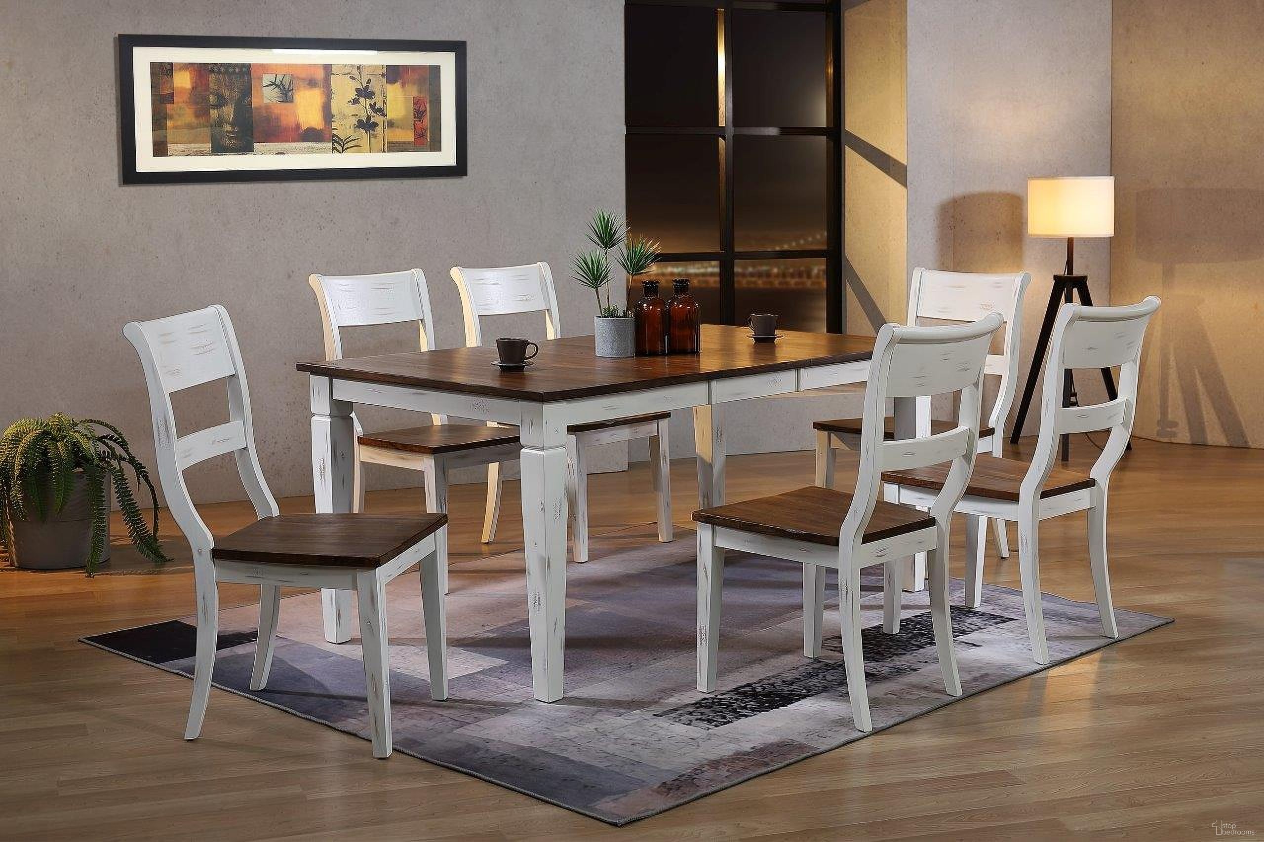 The appearance of Rectangle Loft 7-Piece Dining Set In Distressed Cocoa Brown and Cotton White designed by Iconic Furniture in the transitional interior design. This distressed cocoa brown and cotton white piece of furniture was selected by 1StopBedrooms from Loft & Parsons Collection to add a touch of cosiness and style into your home. Sku: RT67TF-LGLT-CH61-DBN-DWT-7PC. Table Base Style: Legs. Table Top Shape: Rectangular. Material: Rubberwood.
