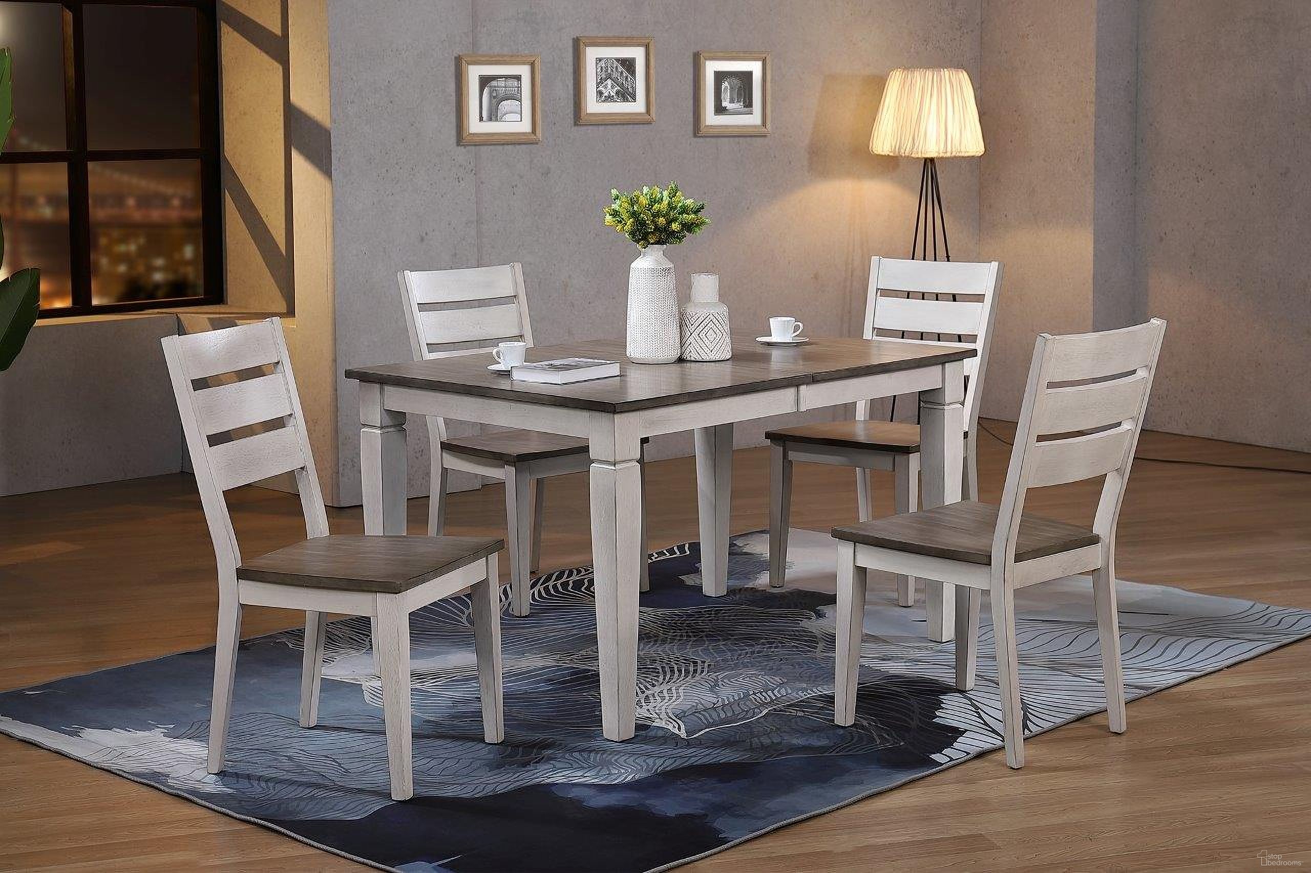 The appearance of Rectangle Loft Contemporary Ladderback 5-Piece Dining Set In Ash and Stormy White designed by Iconic Furniture in the transitional interior design. This ash and stormy white piece of furniture was selected by 1StopBedrooms from Loft & Parsons Collection to add a touch of cosiness and style into your home. Sku: RT67TF-LGLT-CH64-ASH-STW-5PC. Table Base Style: Legs. Table Top Shape: Rectangular. Material: Rubberwood.