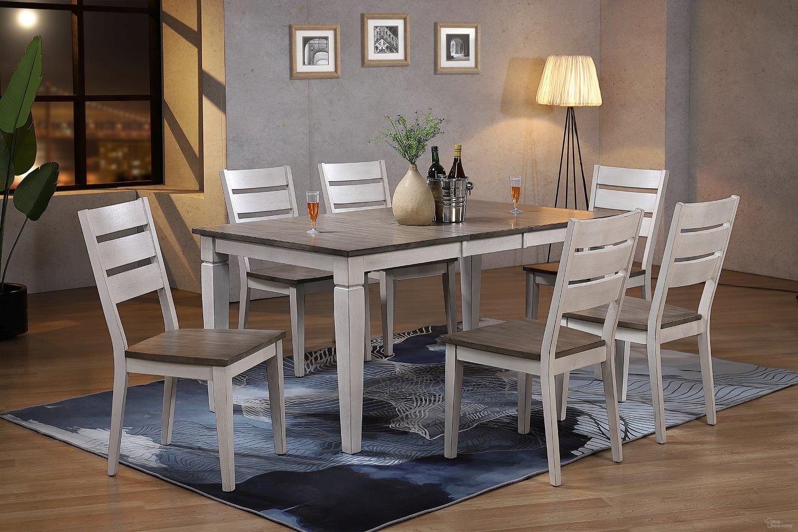 The appearance of Rectangle Loft Contemporary Ladderback 7-Piece Dining Set In Ash and Stormy White designed by Iconic Furniture in the transitional interior design. This ash and stormy white piece of furniture was selected by 1StopBedrooms from Loft & Parsons Collection to add a touch of cosiness and style into your home. Sku: RT67TF-LGLT-CH64-ASH-STW-7PC. Table Base Style: Legs. Table Top Shape: Rectangular. Material: Rubberwood.