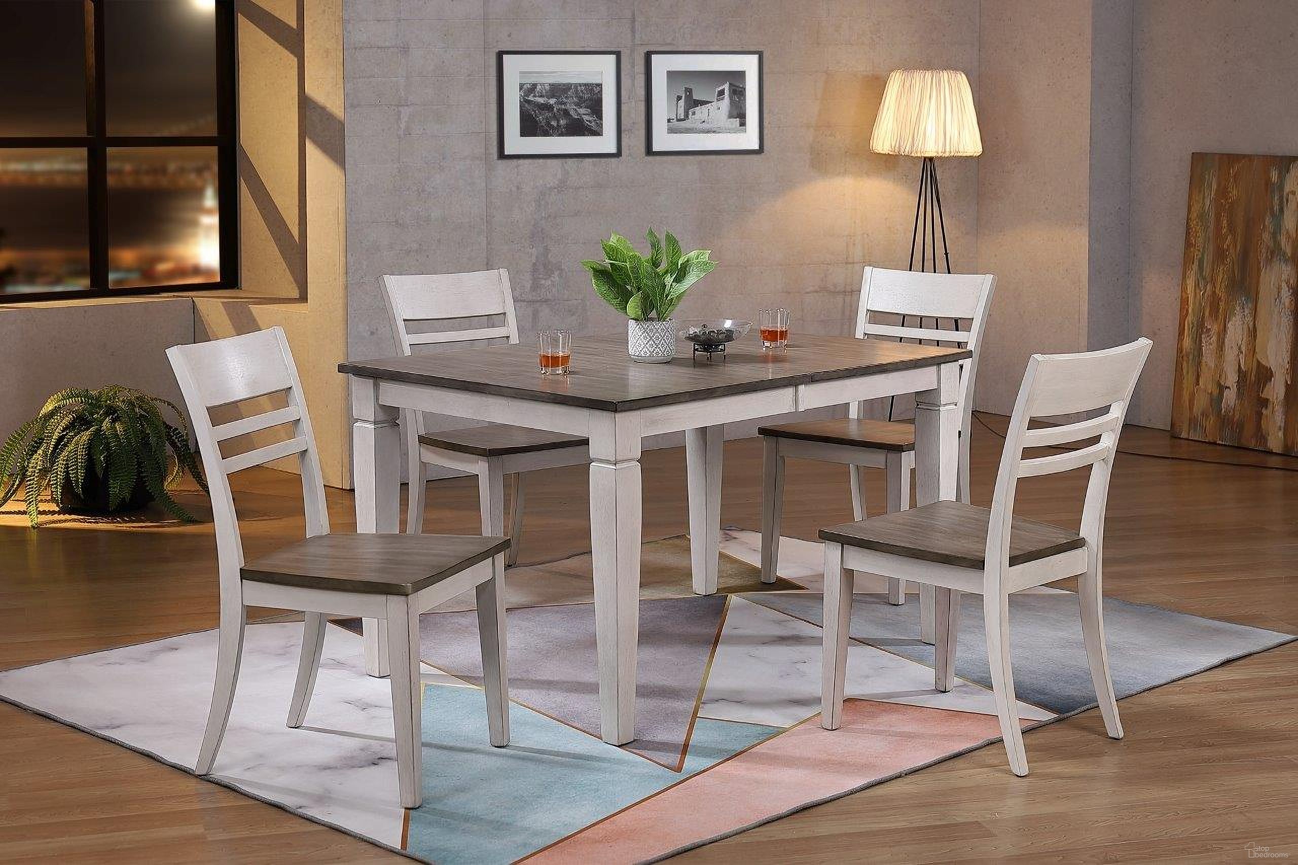 The appearance of Rectangle Loft Transitional Ladderback 5-Piece Dining Set In Ash and Stormy White designed by Iconic Furniture in the transitional interior design. This ash and stormy white piece of furniture was selected by 1StopBedrooms from Loft & Parsons Collection to add a touch of cosiness and style into your home. Sku: RT67TF-LGLT-CH63-ASH-STW-5PC. Table Base Style: Legs. Table Top Shape: Rectangular. Material: Rubberwood.