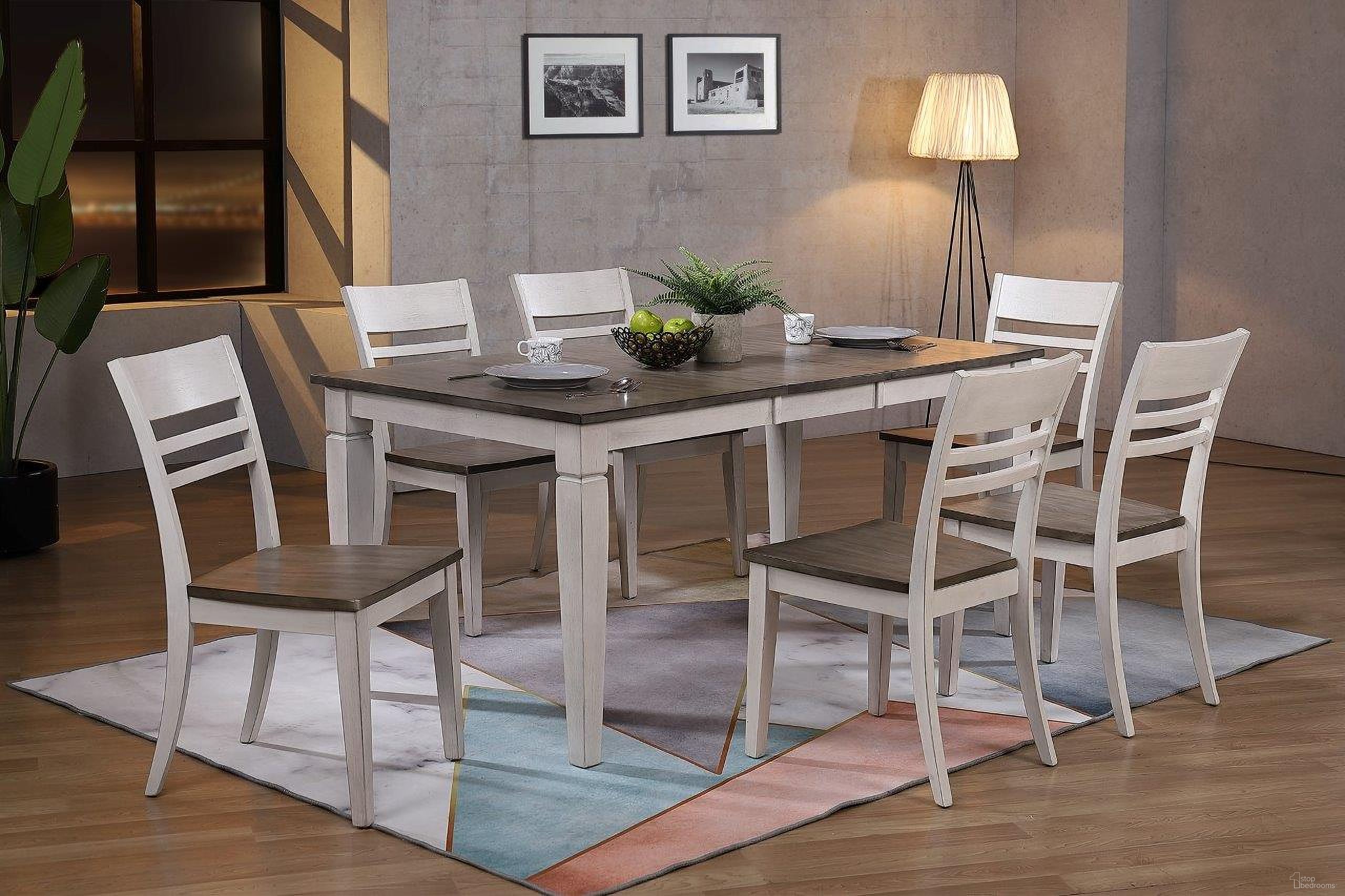 The appearance of Rectangle Loft Transitional Ladderback 7-Piece Dining Set In Ash and Stormy White designed by Iconic Furniture in the transitional interior design. This ash and stormy white piece of furniture  was selected by 1StopBedrooms from Loft & Parsons Collection to add a touch of cosiness and style into your home. Sku: RT67TF-LGLT-CH63-ASH-STW-7PC. Table Base Style: Legs. Table Top Shape: Rectangular. Material: Rubberwood.