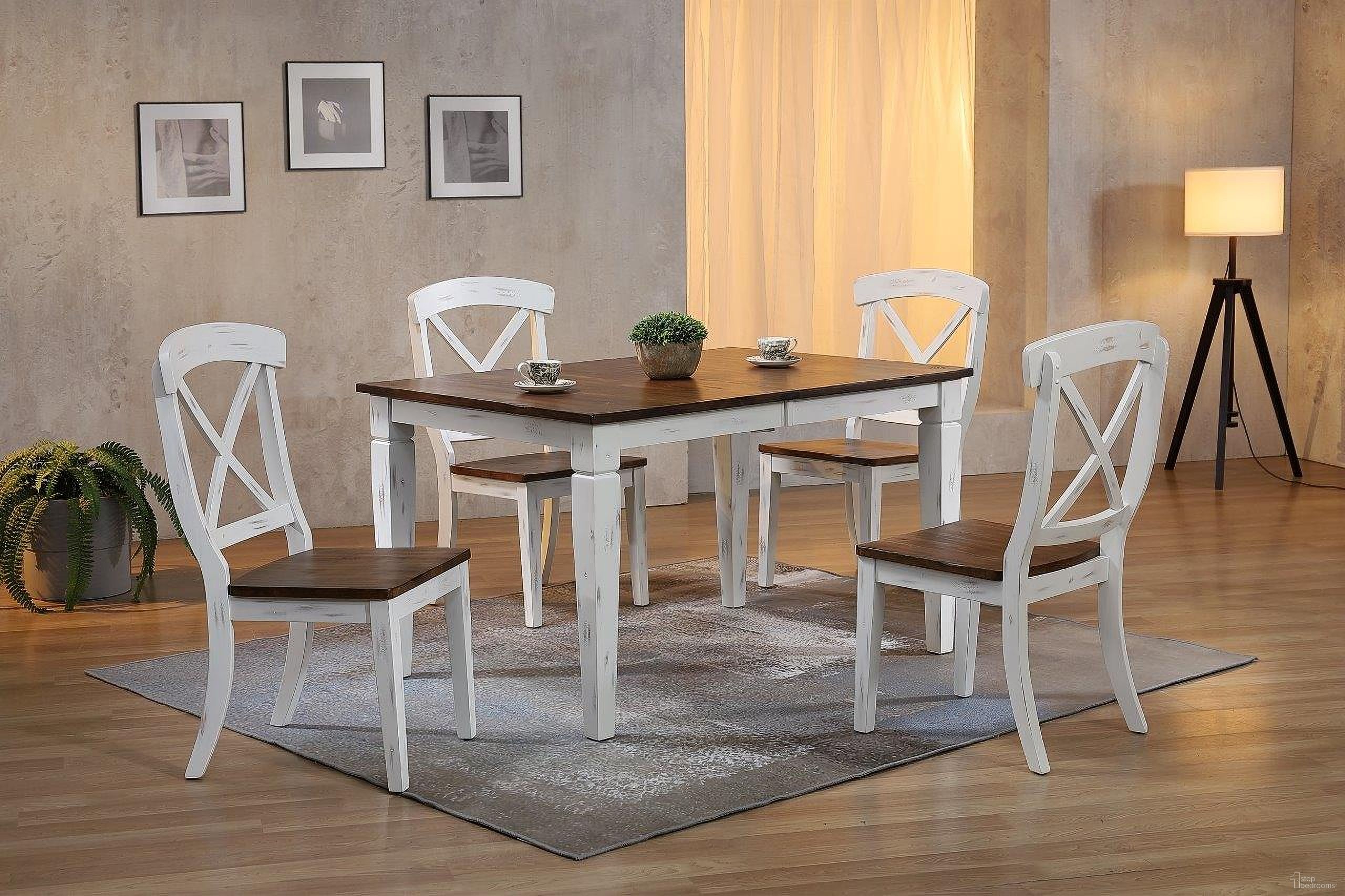 The appearance of Rectangle Loft Transitional X-Back 5-Piece Dining Set In Distressed Cocoa Brown and Cotton White designed by Iconic Furniture in the transitional interior design. This distressed cocoa brown and cotton white piece of furniture was selected by 1StopBedrooms from Loft & Parsons Collection to add a touch of cosiness and style into your home. Sku: RT67TF-LGLT-CH60-DBN-DWT-5PC. Table Base Style: Legs. Table Top Shape: Rectangular. Material: Rubberwood.