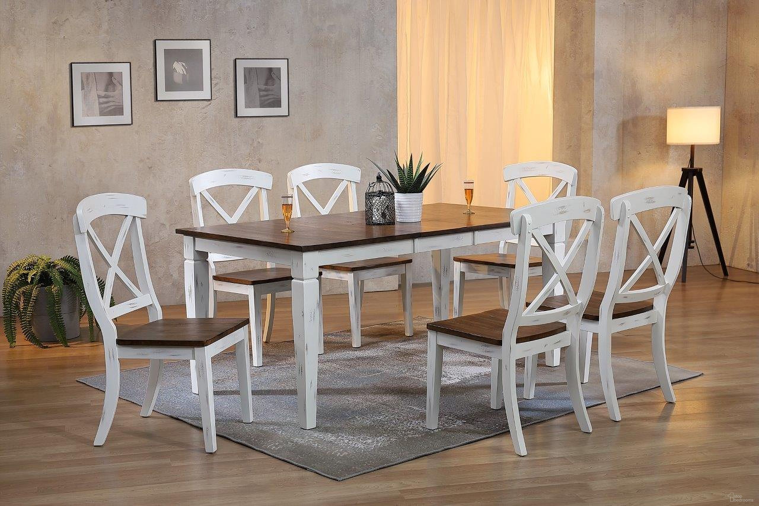 The appearance of Rectangle Loft Transitional X-Back 7-Piece Dining Set In Distressed Cocoa Brown and Cotton White designed by Iconic Furniture in the transitional interior design. This distressed cocoa brown and cotton white piece of furniture was selected by 1StopBedrooms from Loft & Parsons Collection to add a touch of cosiness and style into your home. Sku: RT67TF-LGLT-CH60-DBN-DWT-7PC. Table Base Style: Legs. Table Top Shape: Rectangular. Material: Rubberwood.