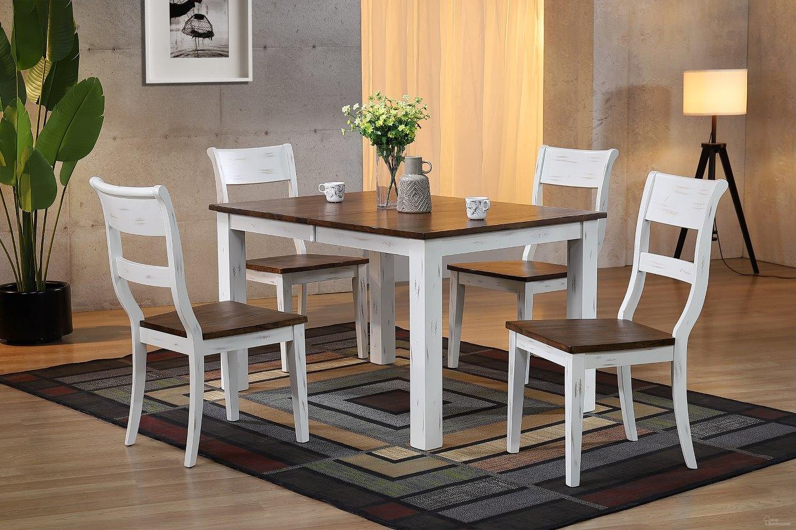 The appearance of Rectangle Parsons 5-Piece Dining Set In Distressed Cocoa Brown and Cotton White designed by Iconic Furniture in the transitional interior design. This distressed cocoa brown and cotton white piece of furniture was selected by 1StopBedrooms from Loft & Parsons Collection to add a touch of cosiness and style into your home. Sku: RT67TF-LGPA-CH61-DBN-DWT-5PC. Table Base Style: Legs. Table Top Shape: Rectangular. Material: Rubberwood.