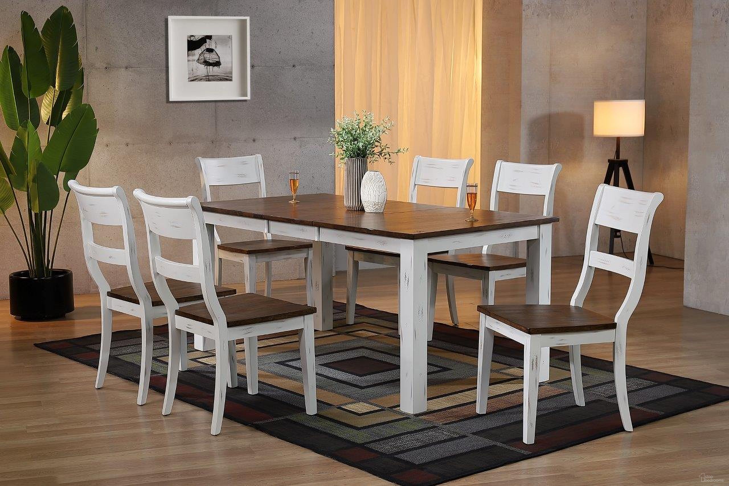 The appearance of Rectangle Parsons 7-Piece Dining Set In Distressed Cocoa Brown and Cotton White designed by Iconic Furniture in the transitional interior design. This distressed cocoa brown and cotton white piece of furniture was selected by 1StopBedrooms from Loft & Parsons Collection to add a touch of cosiness and style into your home. Sku: RT67TF-LGPA-CH61-DBN-DWT-7PC. Table Base Style: Legs. Table Top Shape: Rectangular. Material: Rubberwood.