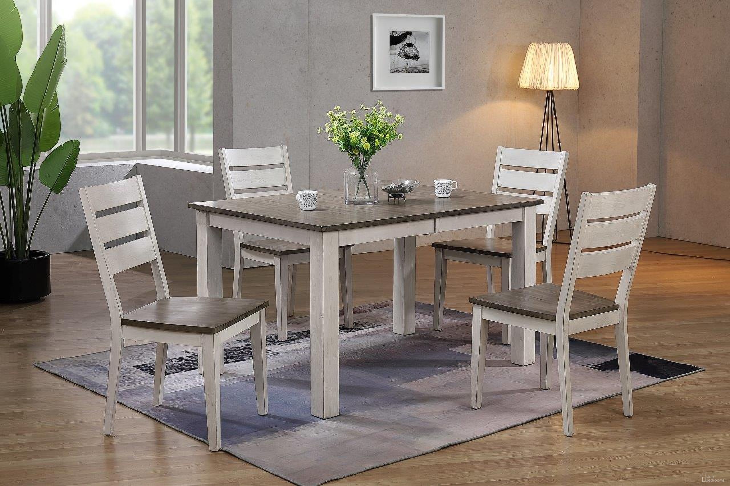 The appearance of Rectangle Parsons Contemporary Ladderback 5-Piece Dining Set In Ash and Stormy White designed by Iconic Furniture in the transitional interior design. This ash and stormy white piece of furniture was selected by 1StopBedrooms from Loft & Parsons Collection to add a touch of cosiness and style into your home. Sku: RT67TF-LGPA-CH64-ASH-STW-5PC. Table Base Style: Legs. Table Top Shape: Rectangular. Material: Rubberwood.