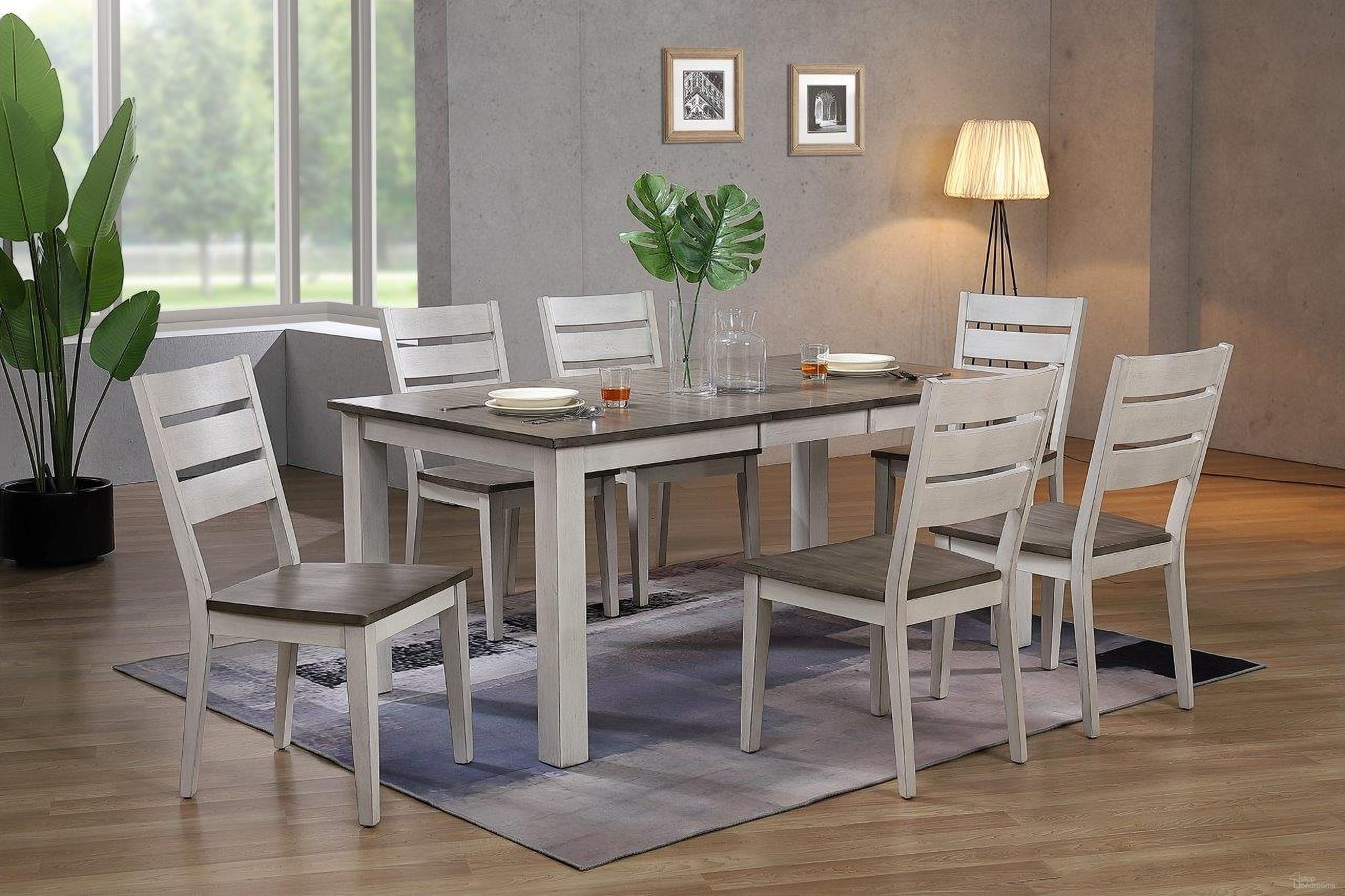 The appearance of Rectangle Parsons Contemporary Ladderback 7-Piece Dining Set In Ash and Stormy White designed by Iconic Furniture in the transitional interior design. This ash and stormy white piece of furniture was selected by 1StopBedrooms from Loft & Parsons Collection to add a touch of cosiness and style into your home. Sku: RT67TF-LGPA-CH64-ASH-STW-7PC. Table Base Style: Legs. Table Top Shape: Rectangular. Material: Rubberwood.