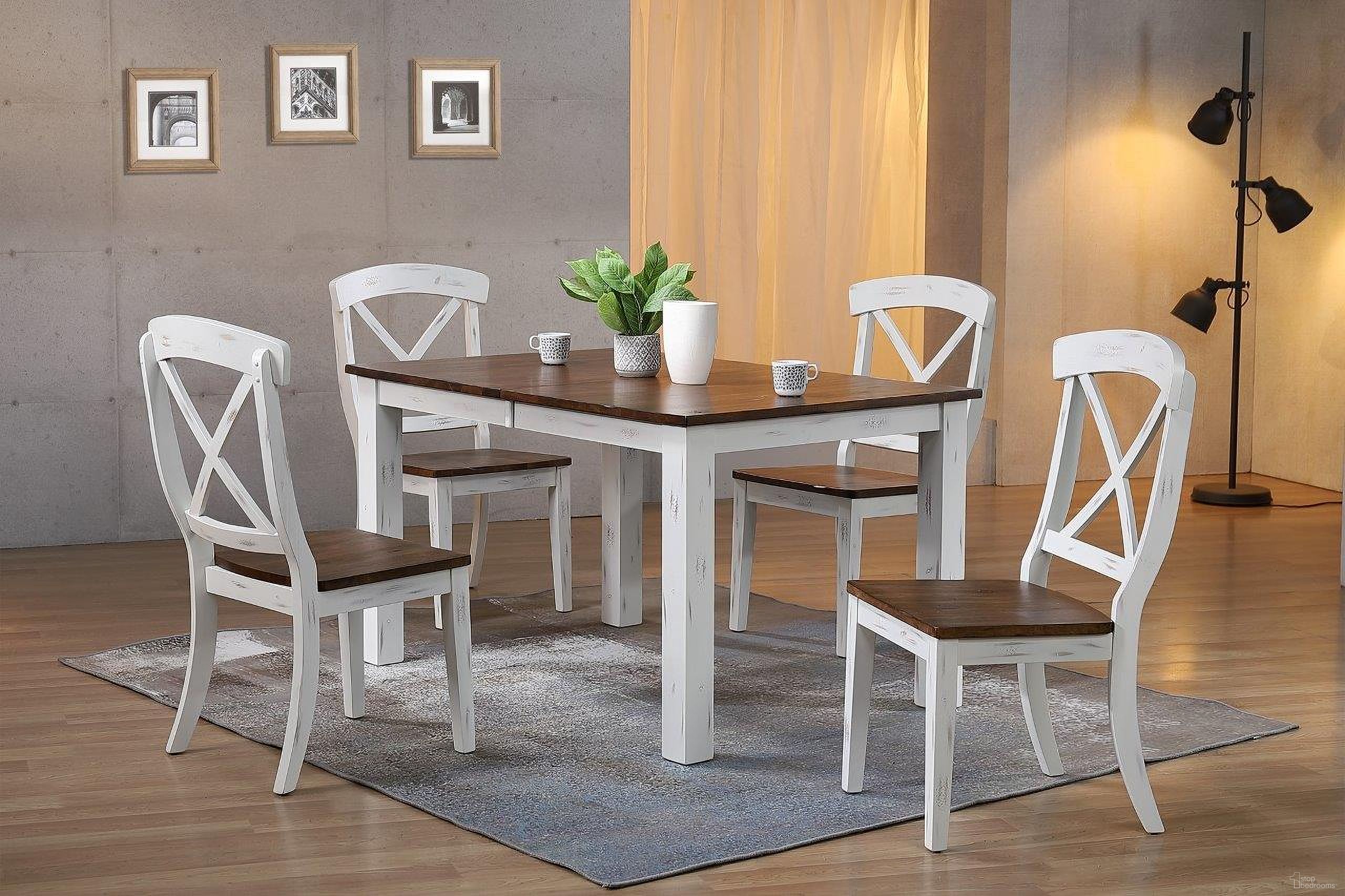 The appearance of Rectangle Parsons Transitional X-Back 5-Piece Dining Set In Distressed Cocoa Brown and Cotton White designed by Iconic Furniture in the transitional interior design. This distressed cocoa brown and cotton white piece of furniture was selected by 1StopBedrooms from Loft & Parsons Collection to add a touch of cosiness and style into your home. Sku: RT67TF-LGPA-CH60-DBN-DWT-5PC. Table Base Style: Legs. Table Top Shape: Rectangular. Material: Rubberwood.